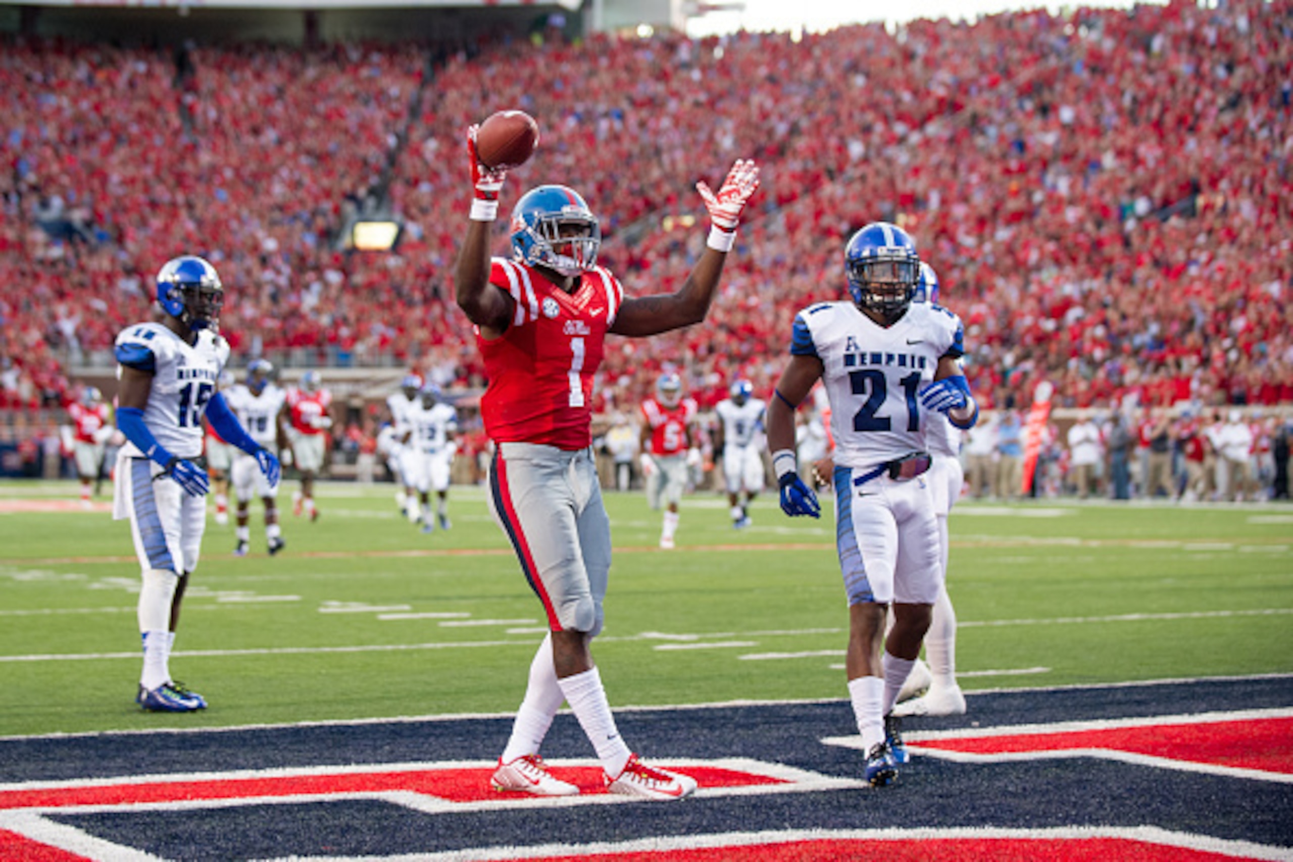 OXFORD, MS - SEPTEMBER 27:  Wide receiver Laquon Treadwell #1 of the Mississippi Rebels celebrates after scoring a touchdown during their game against the Memphis Tigers on September 27, 2014 at Vaught-Hemingway Stadium in Oxford, Mississippi. At halftime
