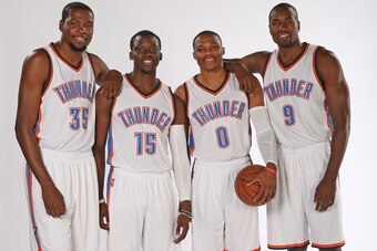 OKLAHOMA CITY, OK - SEPTEMBER 29:  Oklahoma City Thunder Kevin Durant #35, Reggie Jackson #15, Russell Westbrook #0 and Serge Ibaka #9 pose for a portrait during 2014 NBA Media Day on September 29, 2014 at the Thunder Events Center in Edmond, Oklahoma. NO