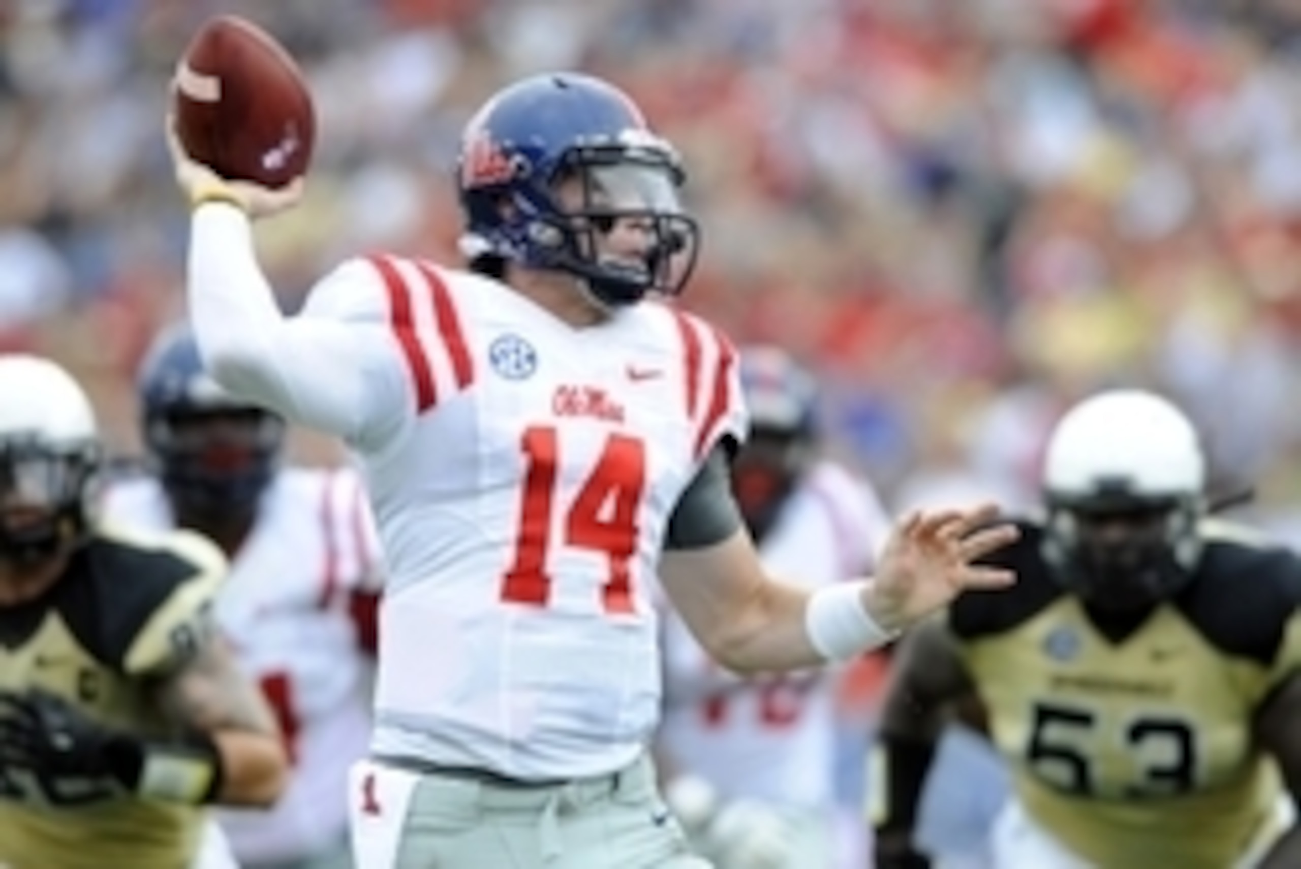 Sep 6, 2014; Nashville, TN, USA; Mississippi Rebels quarterback Bo Wallace (14) passes the ball during the first half against the Vanderbilt Commodores at LP Field. Mandatory Credit: Christopher Hanewinckel-USA TODAY Sports