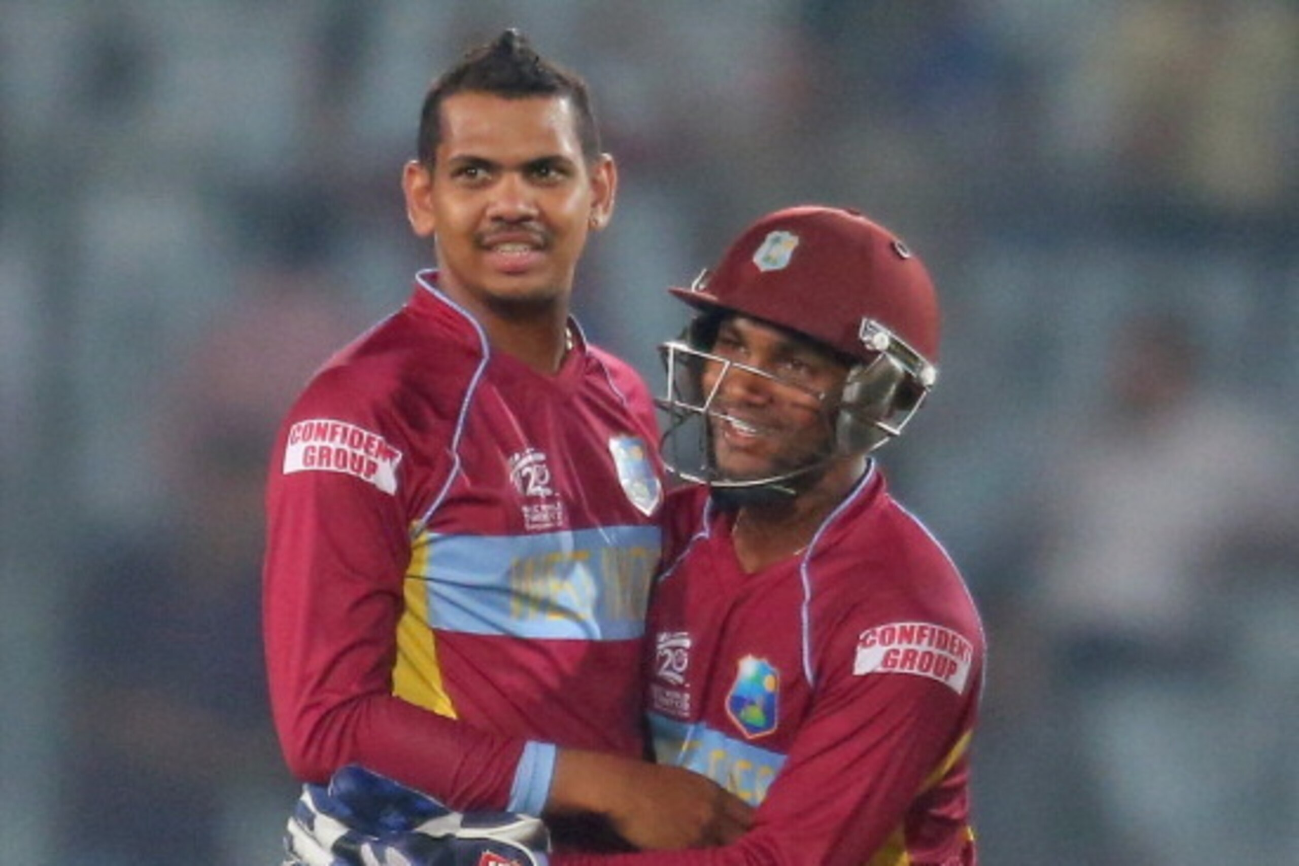 DHAKA, BANGLADESH - APRIL 01:  Sunil Narine of the West Indies is congratulated after dismissing Shahid Afridi of Pakistan during the ICC World Twenty20 Bangladesh 2014 match between West Indies and Pakistan at Sher-e-Bangla Mirpur Stadium on April 1, 201