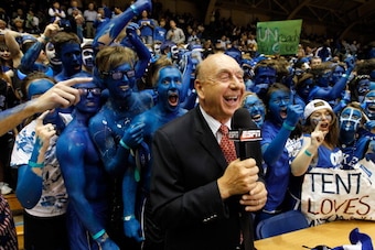 DURHAM, NC - MARCH 03:  ESPN basketball analyst Dick Vitale reports from the sidelines before the Duke Blue Devils against the North Carolina Tar Heels at Cameron Indoor Stadium on March 3, 2012 in Durham, North Carolina.  (Photo by Streeter Lecka/Getty I