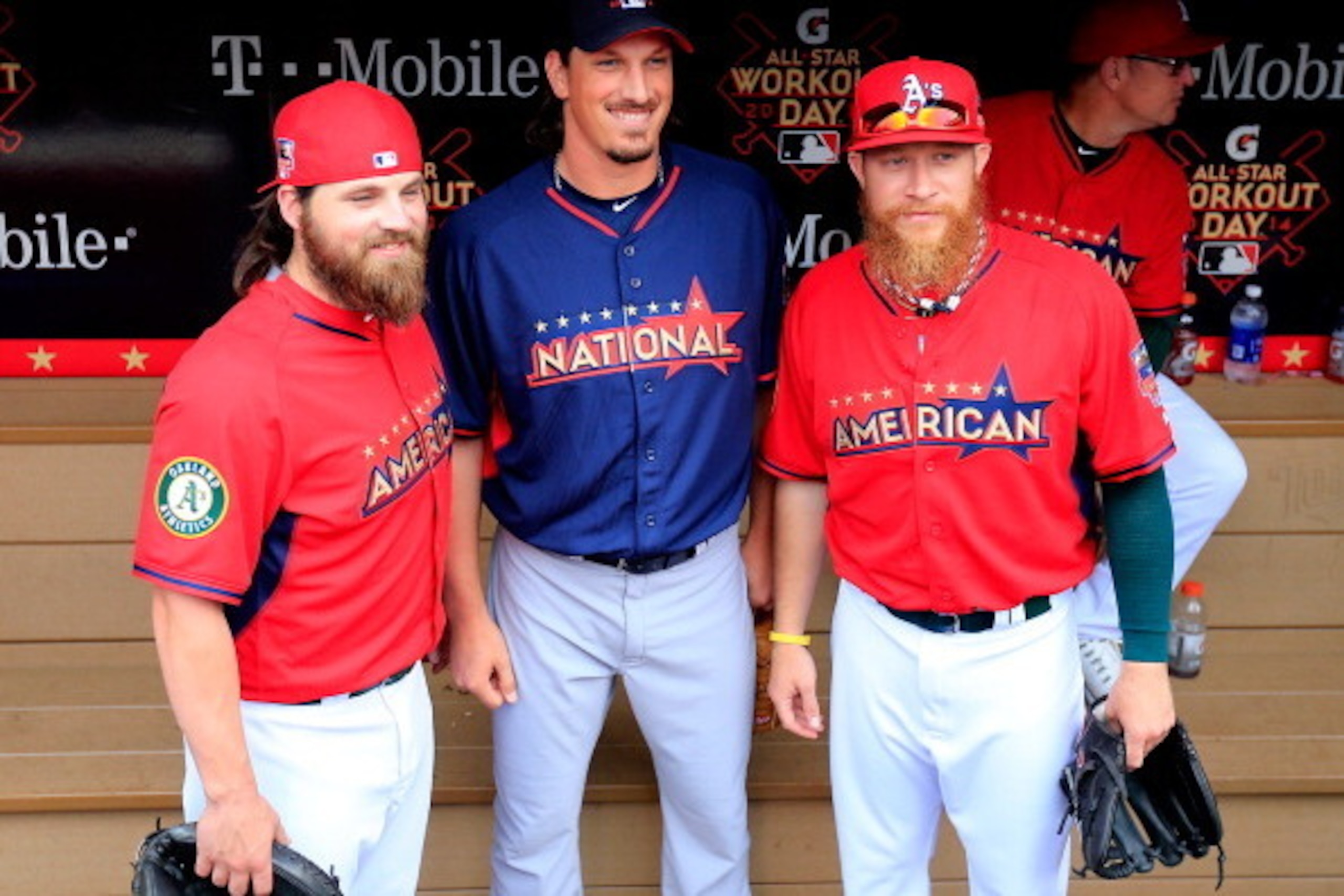 MINNEAPOLIS, MN - JULY 14:  American League All-Stars Sean Doolittle #62 and Derek Norris #36 of the Oakland Athletics pose with National League All-Star Jeff Samardzija #29 of the Chicago Cubs during the Gatorade All-Star Workout Day at Target Field on J