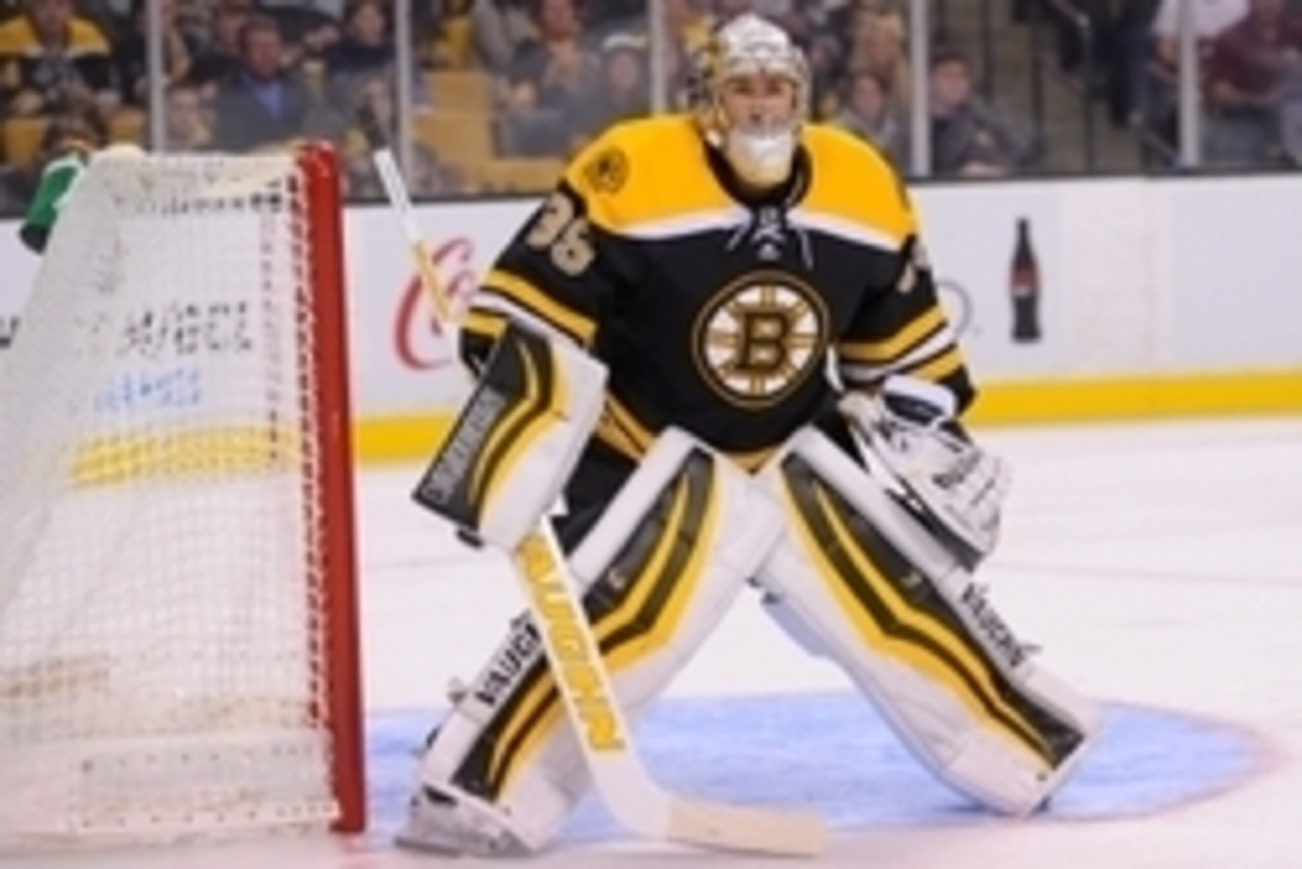 Sep 24, 2014; Boston, MA, USA; Boston Bruins goalie Jeremy Smith (39) in goal during the third period against the Washington Capitals at TD Banknorth Garden. Mandatory Credit: Bob DeChiara-USA TODAY Sports Sep 24, 2014; Boston, MA, USA; Boston Bruins goalie Jeremy Smith (39) in goal during the third period against the Washington Capitals at TD Banknorth Garden. Mandatory Credit: Bob DeChiara-USA TODAY Sports