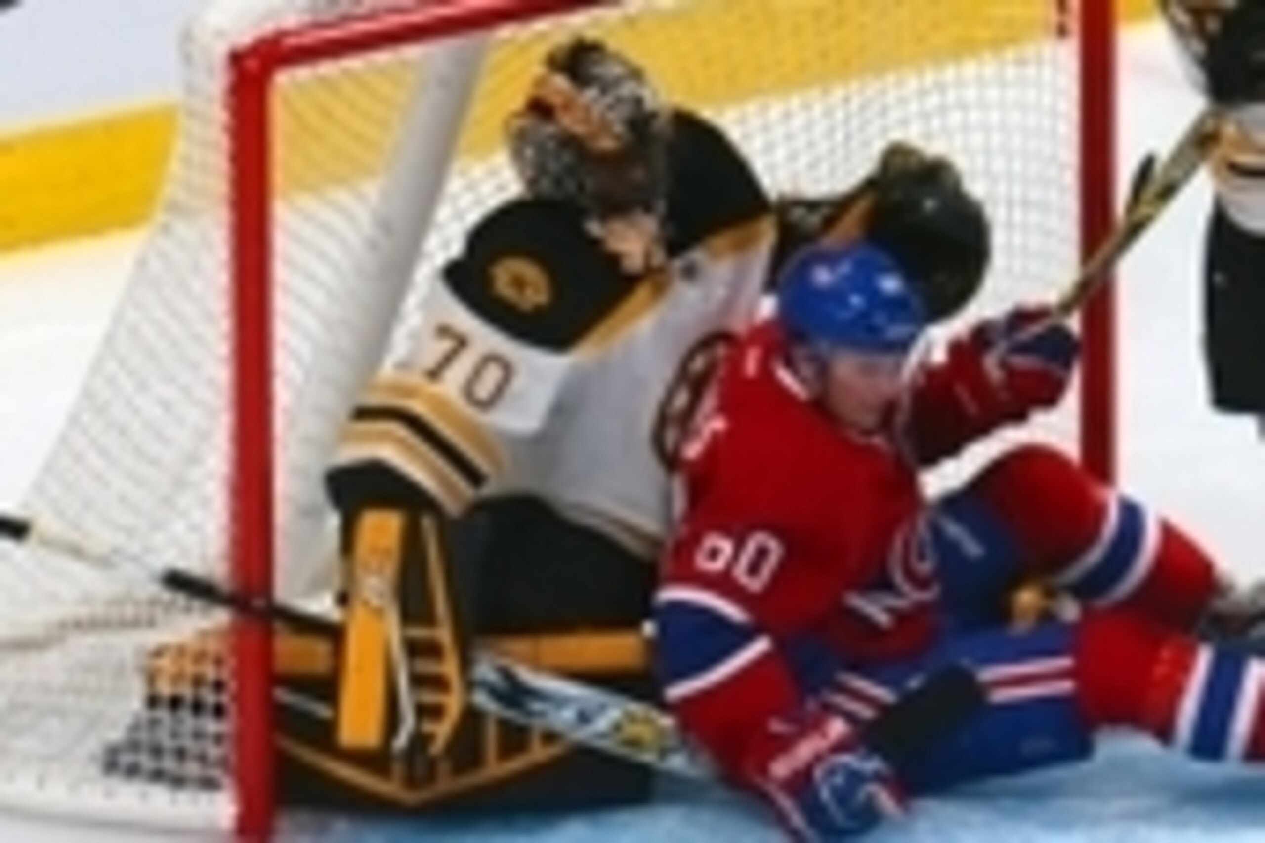 Sep 23, 2014; Montreal, Quebec, CAN; Montreal Canadiens right wing Christian Thomas (60) crashes on Boston Bruins goalie Malcolm Subban (70) as defenseman Chris Casto (65) defends during the third period at Bell Centre. Mandatory Credit: Jean-Yves Ahern-U Sep 23, 2014; Montreal, Quebec, CAN; Montreal Canadiens right wing Christian Thomas (60) crashes on Boston Bruins goalie Malcolm Subban (70) as defenseman Chris Casto (65) defends during the third period at Bell Centre. Mandatory Credit: Jean-Yves Ahern-U