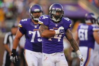 MINNEAPOLIS, MN - SEPTEMBER 28:  Matt Asiata #44 of the Minnesota Vikings celebrates his touchdown in the fourth quarter against the Atlanta Falcons at TCF Bank Stadium on September 28, 2014 in Minneapolis, Minnesota. (Photo by Adam Bettcher/Getty Images)