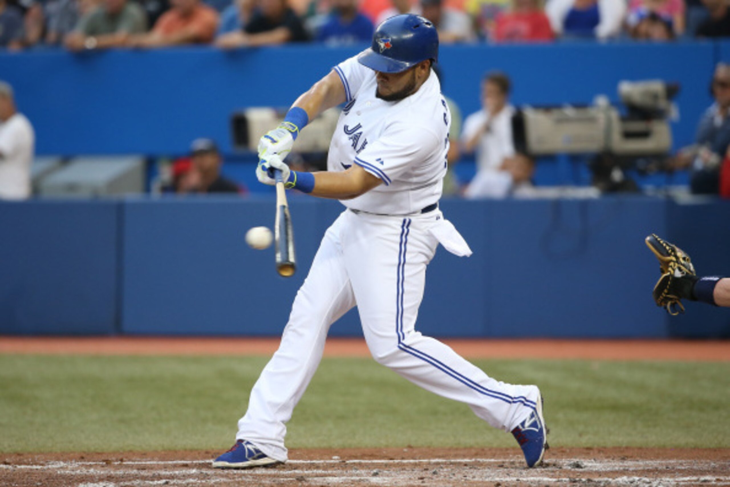 TORONTO, CANADA - AUGUST 26: Melky Cabrera #53 of the Toronto Blue Jays hits a single in the first inning during MLB game action against the Boston Red Sox on August 26, 2014 at Rogers Centre in Toronto, Ontario, Canada. (Photo by Tom Szczerbowski/Getty I