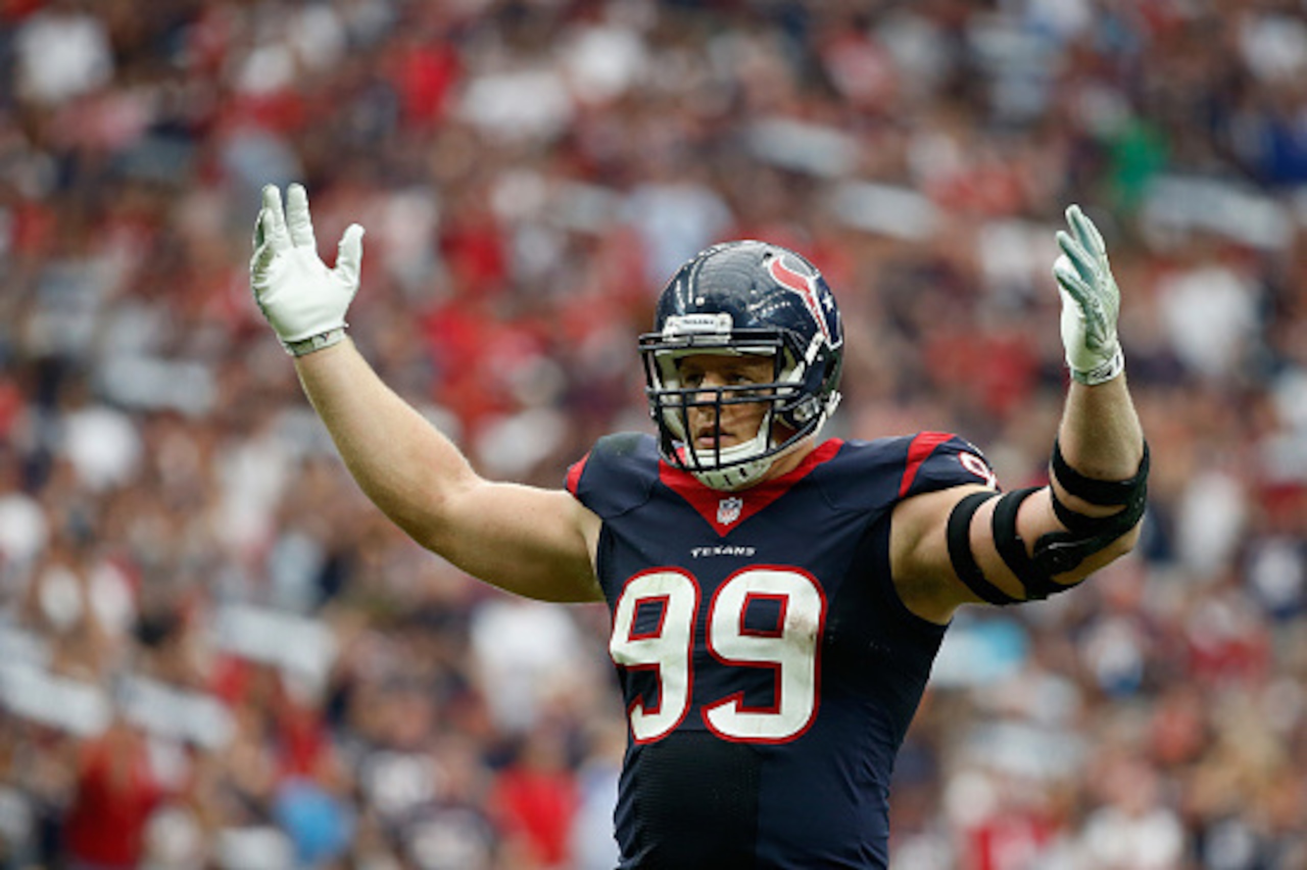 HOUSTON, TX - SEPTEMBER 28:   J.J. Watt #99 of the Houston Texans pumps up the crowd in the fourth quarter of their game against the Buffalo Bills at NRG Stadium on September 28, 2014 in Houston, Texas.  (Photo by Scott Halleran/Getty Images)