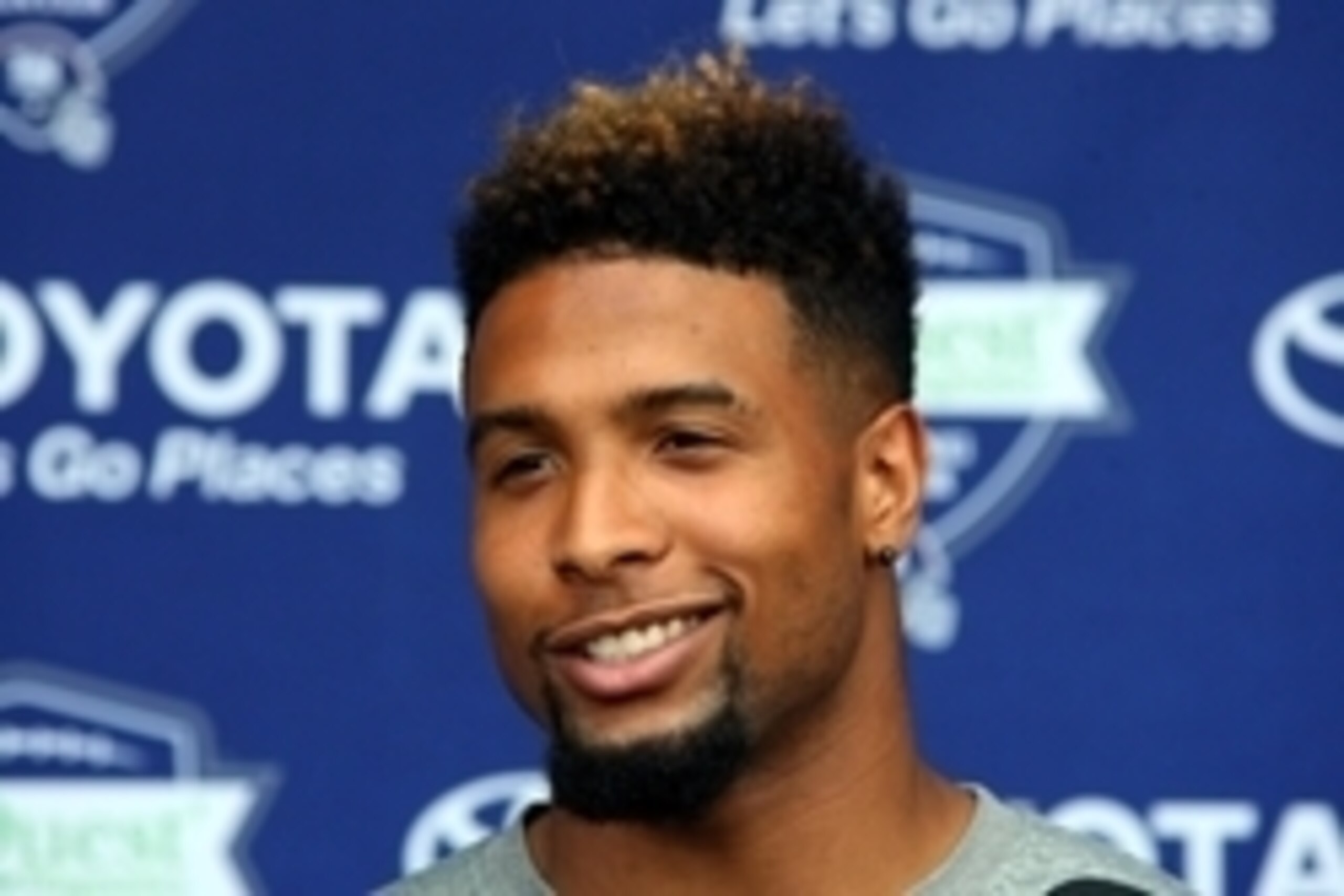 Jul 22, 2014; East Rutherford, NJ, USA;   New York Giants wide receiver Odell Beckham Jr. answers questions from media during training camp at Quest Diagnostics Training Center. Mandatory Credit: Noah K. Murray-USA TODAY Sports