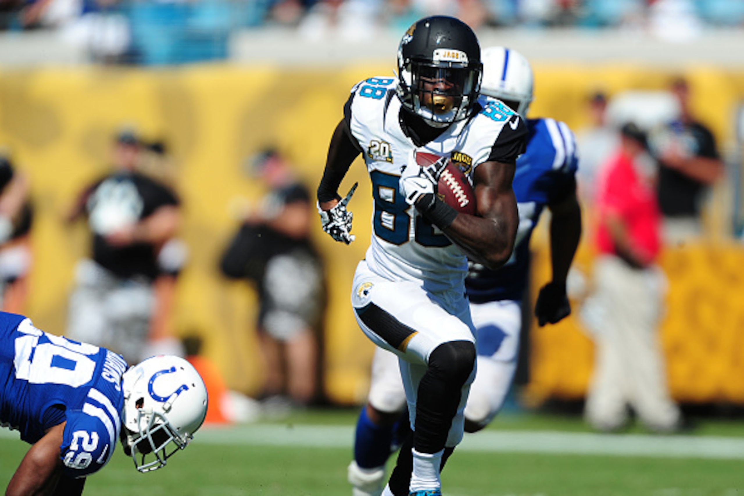 JACKSONVILLE, FL - SEPTEMBER 21: Allen Hurns #88 of the Jacksonville Jaguars runs for a 63 yard touchdown against the Indianapolis Colts at EverBank Field on September 21, 2014 in Jacksonville, Florida. (Photo by Scott Cunningham/Getty Images)