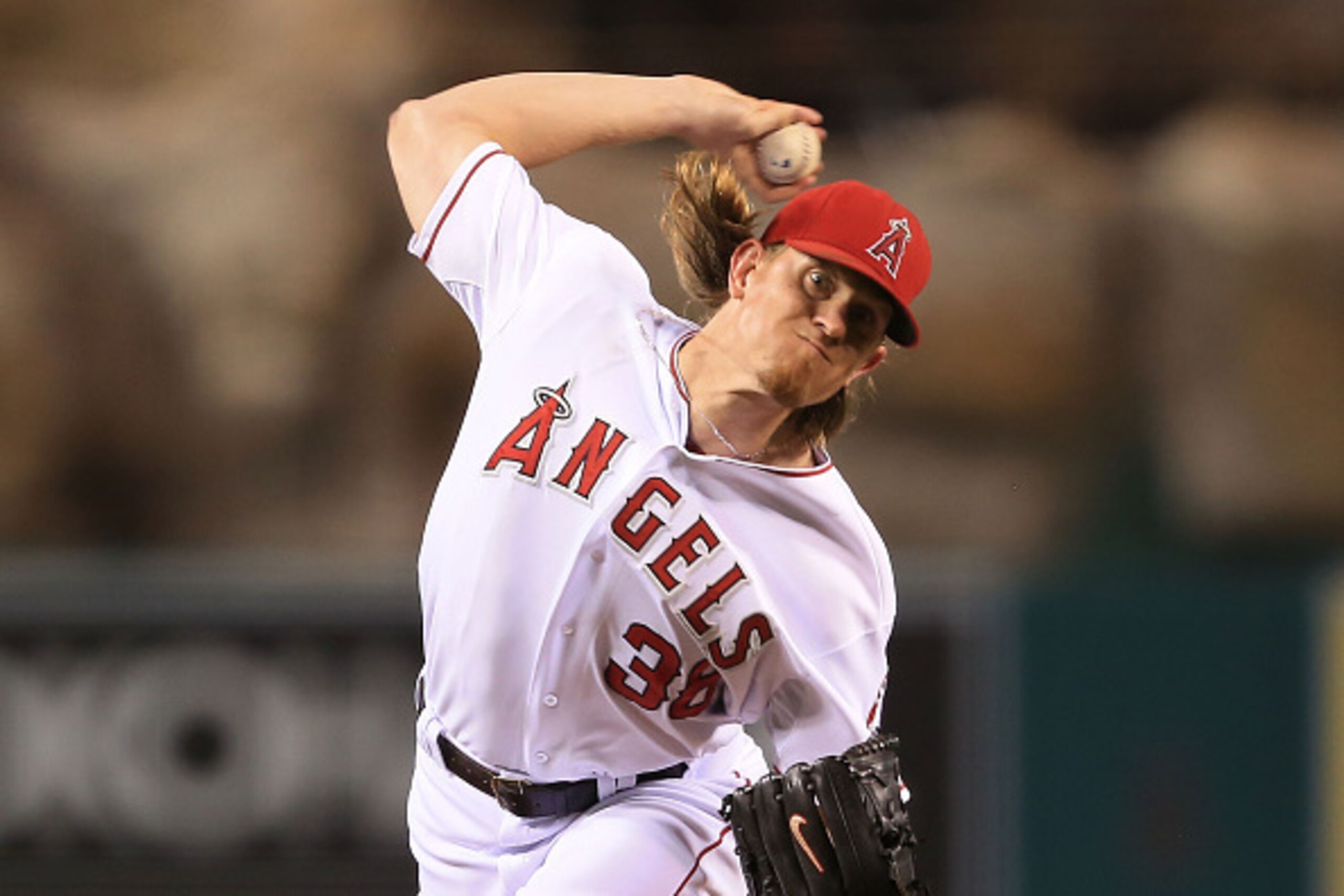 ANAHEIM, CA - SEPTEMBER 20:  Pitcher Jered Weaver #36 of the Los Angeles Angels of Anaheim pitches in the fourth inning during the MLB game against the Texas Rangers at Angel Stadium of Anaheim on September 20, 2014 in Anaheim, California.  (Photo by Vict