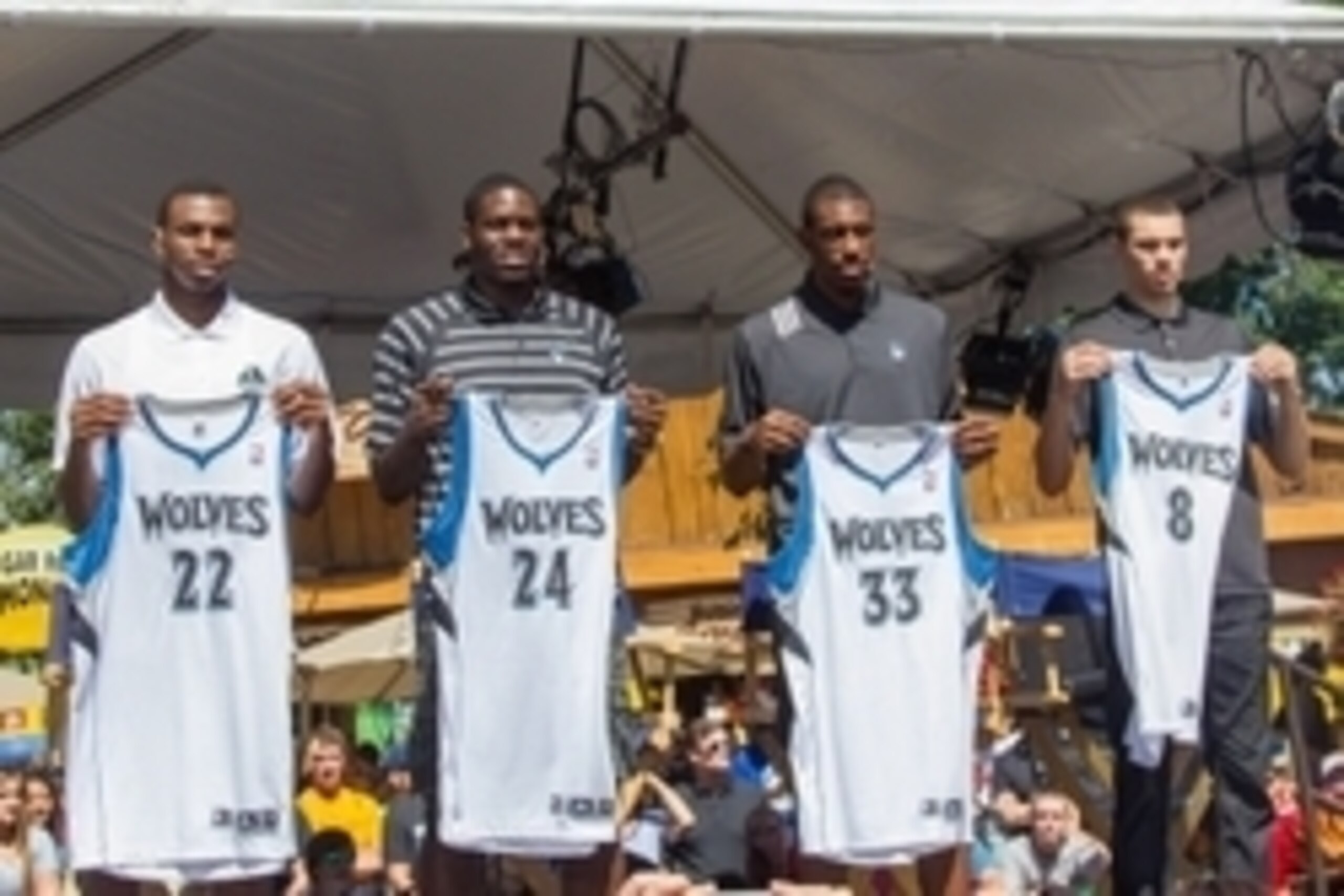Aug 26, 2014; St. Paul, MN, USA; The newest Minnesota Timberwolves display their new jerseys (left to right) guard Andrew Wiggins, forward Anthony Bennett, forward Thaddeus Young, and guard Zach LaVine at Minnesota State Fair. Mandatory Credit: Brad Rempe Aug 26, 2014; St. Paul, MN, USA; The newest Minnesota Timberwolves display their new jerseys (left to right) guard Andrew Wiggins, forward Anthony Bennett, forward Thaddeus Young, and guard Zach LaVine at Minnesota State Fair. Mandatory Credit: Brad Rempe