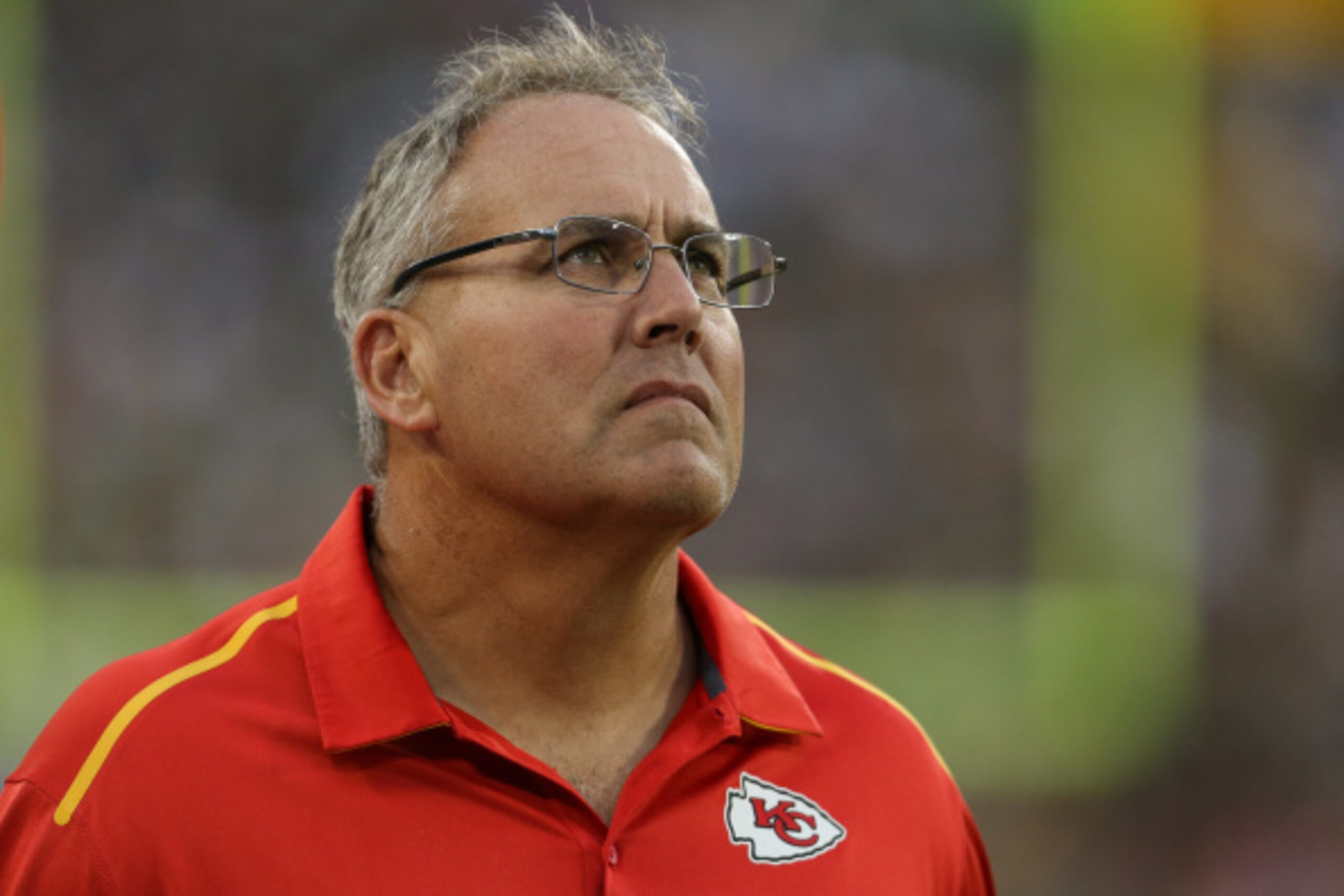 GREEN BAY, WI - AUGUST 28: Special teams coach Dave Toub of the Kansas City Chiefs looks on in the first half of the preseason game against the Green Bay Packers on August 28, 2014 at Lambeau Field in Green Bay, Wisconsin. (Photo by John Konstantaras/Gett
