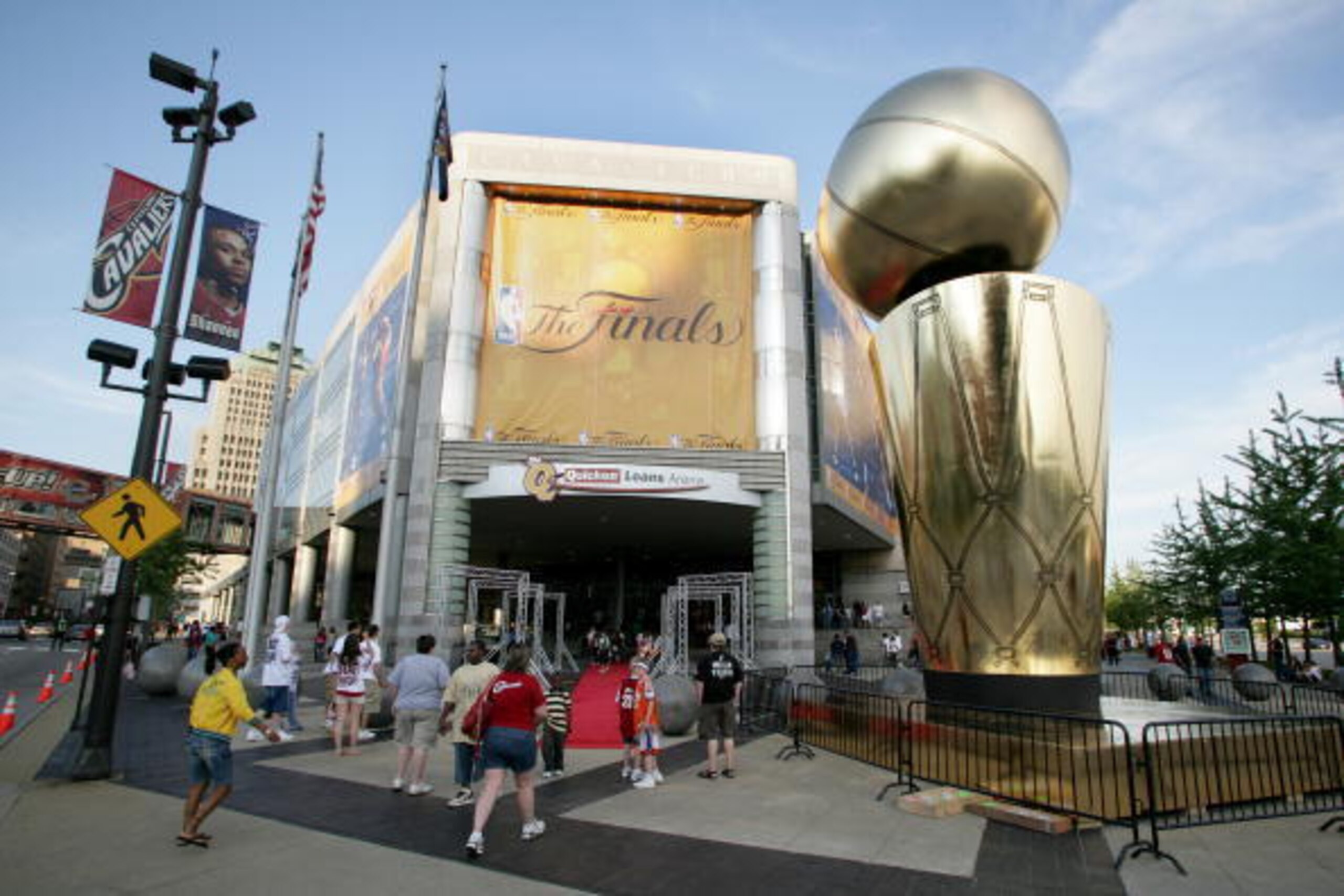 CLEVELAND - JUNE 10: A special replica of the NBA Championship trophy is on display outside as Fans enter for a special 3D High Definition broadcast of the Cleveland Cavaliers as they take on the San Antonio Spurs in Game Two of the 2007 NBA Finals on Jun