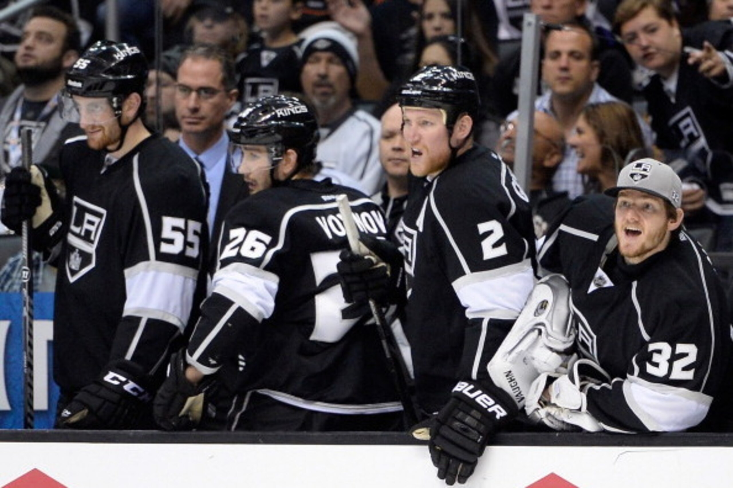 LOS ANGELES, CA - MAY 10: (R-L) Jonathan Quick #32, Matt Greene #2, Slava Voynov #26 and Jeff Schultz #55 of the Los Angeles Kings look on during the last minute in a 2-0 loss to the Anaheim Ducks in Game Four of the Second Round of the 2014 NHL Stanley C