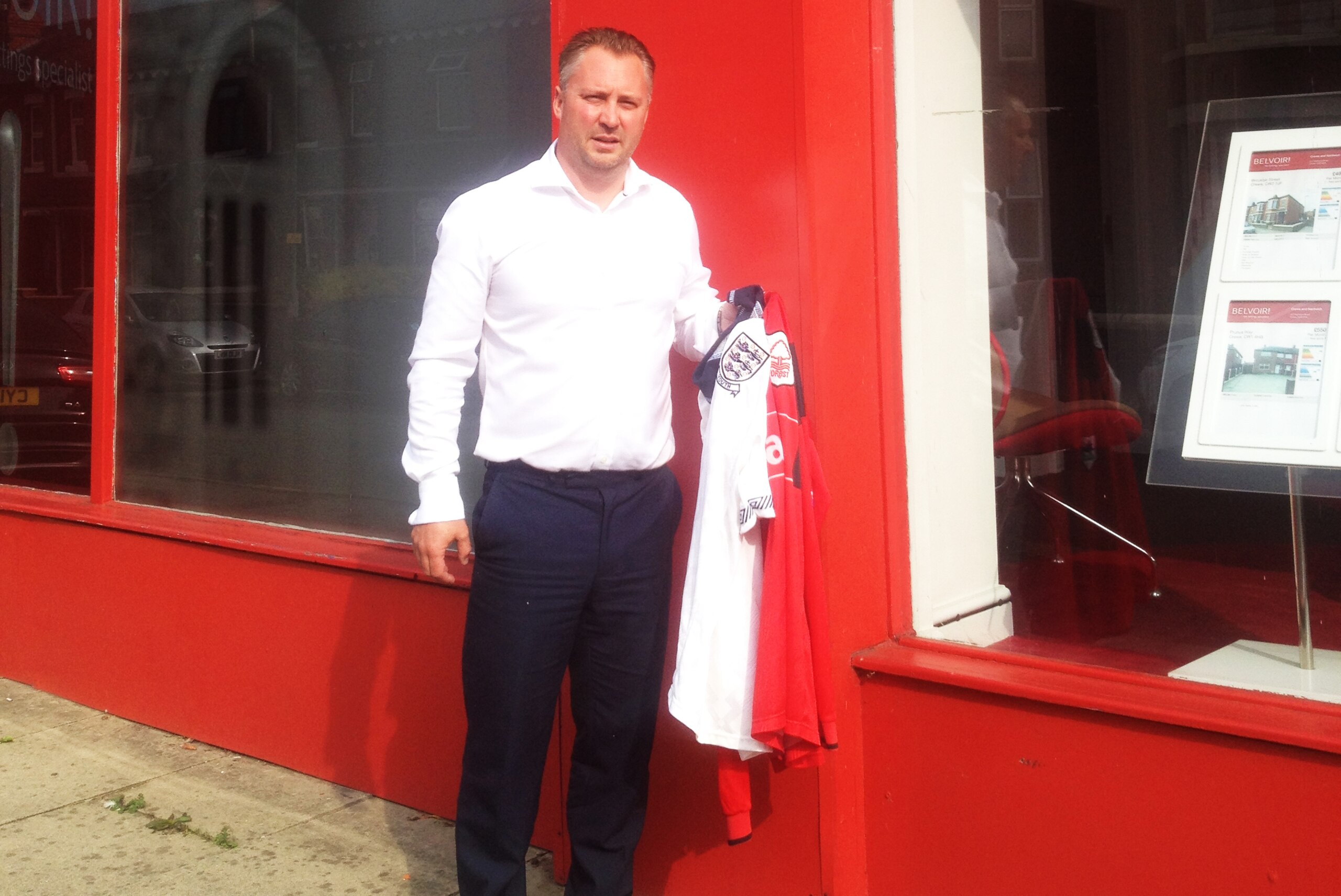 Richard Irving holding Nottingham Forest and England shirts he wore Richard Irving holding Nottingham Forest and England shirts he wore