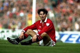 10 Apr 1994:  Ryan Giggs of Manchester United sits on the pitch during the FA Cup semi-final against Oldham Athletic at WEembley Stadium in London, England.  \ Mandatory Credit: Mike  Cooper/Allsport