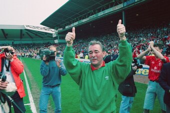 NOTTINGHAM, UNITED KINGDOM - MAY 01:  Nottingham Forest mananger Brian Clough salutes the fans after his last game in charge of the club before retiring. His forest side were relegated following a home defeat to Sheffield United at the City Ground on May 