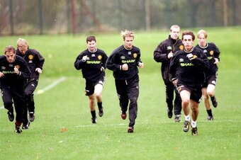 27 Oct 1998:  Gary Neville and David Beckham  of Manchester United during training at The Cliff in Manchester, England.  \ Mandatory Credit: Alex Livesey /Allsport