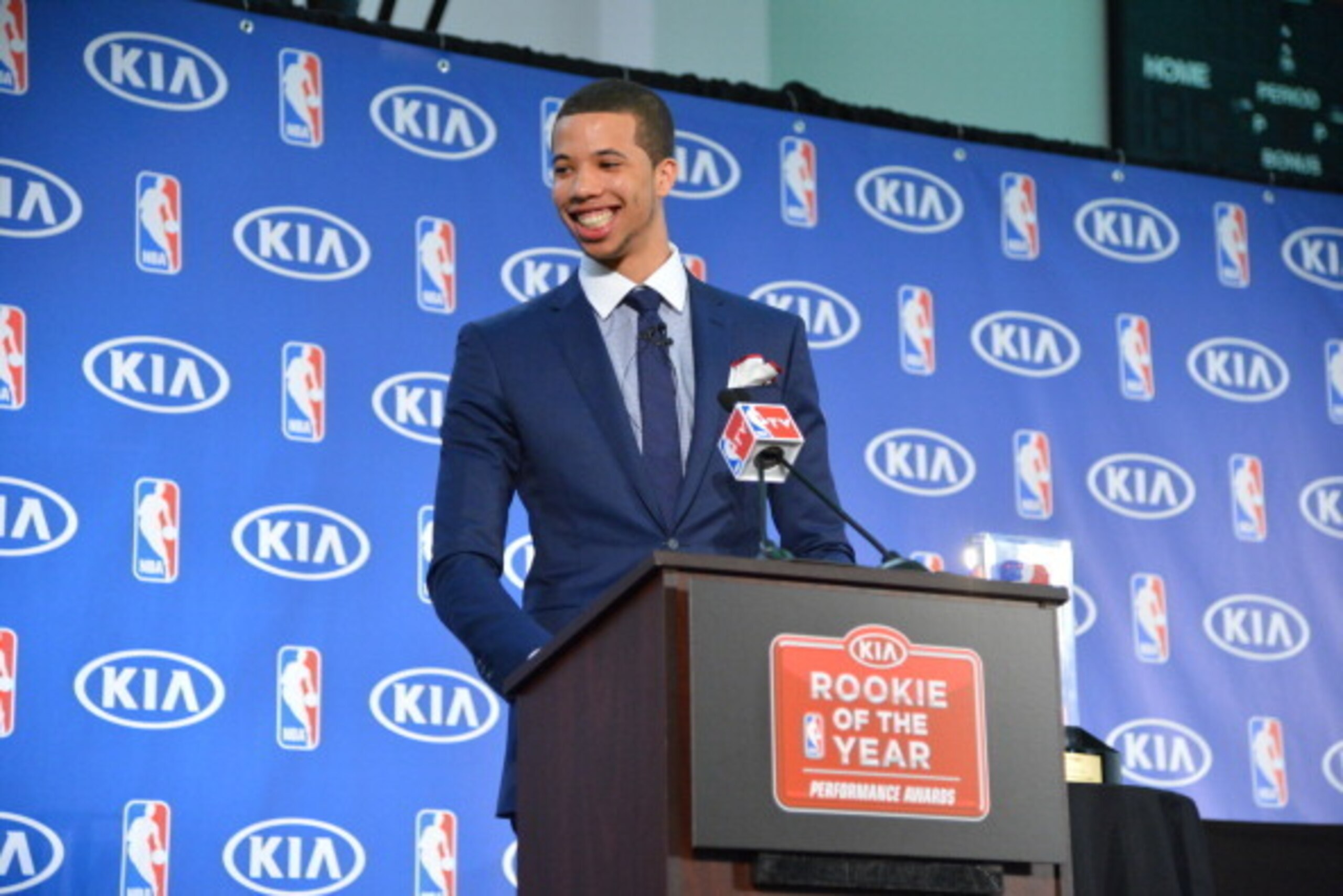 PHILADELPHIA, PA - MAY 5: Michael Carter-Williams of the Philadelphia 76ers speaks to the media as he receives the Eddie Gottlieb Trophy for the 2013-14 Kia NBA Rookie of the Year at the Philadelphia College of Osteopathic Medicine on May 5, 2014 in Phila