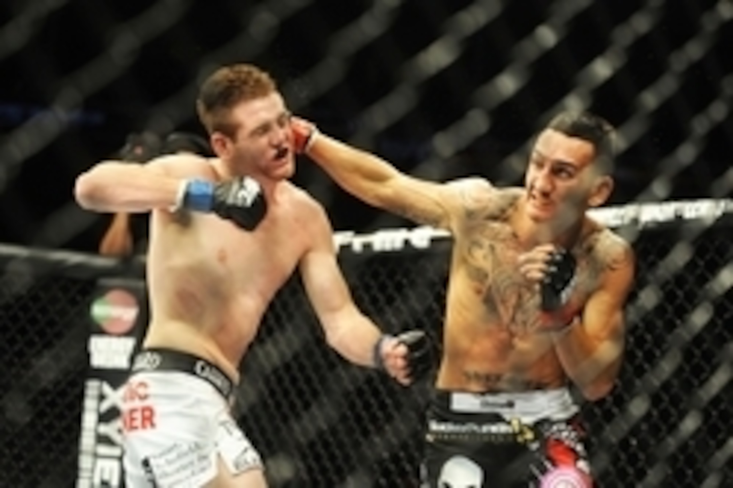 Aug 23, 2014; Tulsa, OK, USA; Max Holloway (red gloves) fights Clay Collard (blue gloves) in a Featherweight Bout at BOK Center. Mandatory Credit: Mark D. Smith-USA TODAY Sports