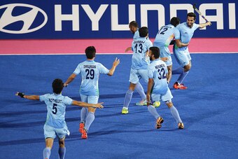 INCHEON, SOUTH KOREA - OCTOBER 02:  India players celebrate after defeating Pakistan during the men's hockey gold medal match on day thirteen of the 2014 Asian Games between India and Pakistan at Seonhak Hocky Stadium on October 2, 2014 in Incheon, South 
