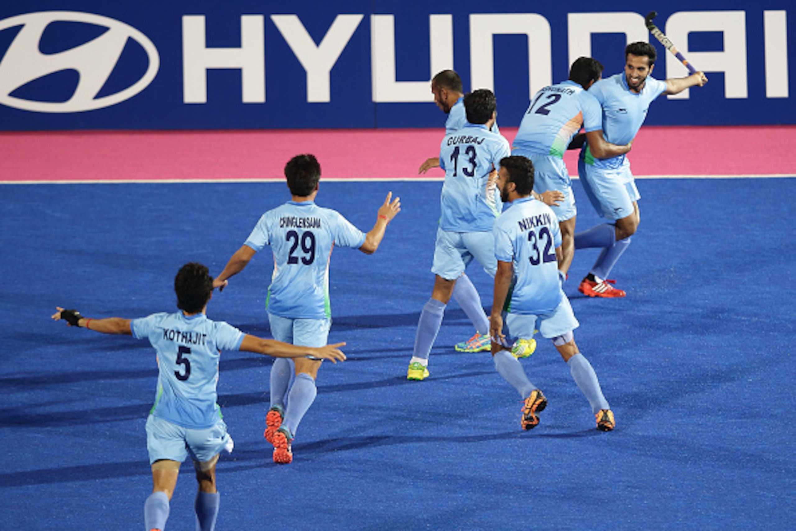 INCHEON, SOUTH KOREA - OCTOBER 02:  India players celebrate after defeating Pakistan during the men's hockey gold medal match on day thirteen of the 2014 Asian Games between India and Pakistan at Seonhak Hocky Stadium on October 2, 2014 in Incheon, South 