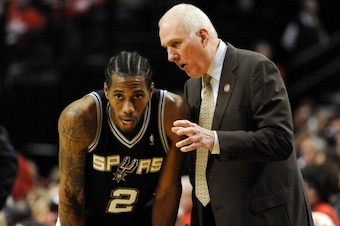 PORTLAND, OR - MAY 10: Gregg Popovich of the San Antonio Spurs has some words with Kawhi Leonard #2 of the San Antonio Spurs in the second half of Game Three of the Western Conference Semifinals against the Portland Trail Blazers during the 2014 NBA Playo