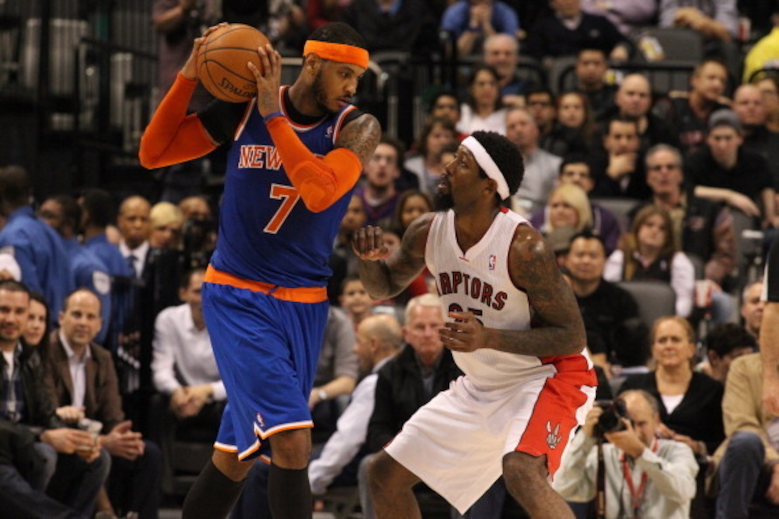 TORONTO,ON - APRIL 11:  Carmelo Anthony #7 of the New York Knicks looks to drive against the Toronto Raptors at the Air Canada Centre on April 11, 2014 in Toronto, Ontario, Canada. NOTE TO USER: User expressly acknowledges and agrees that, by downloading 