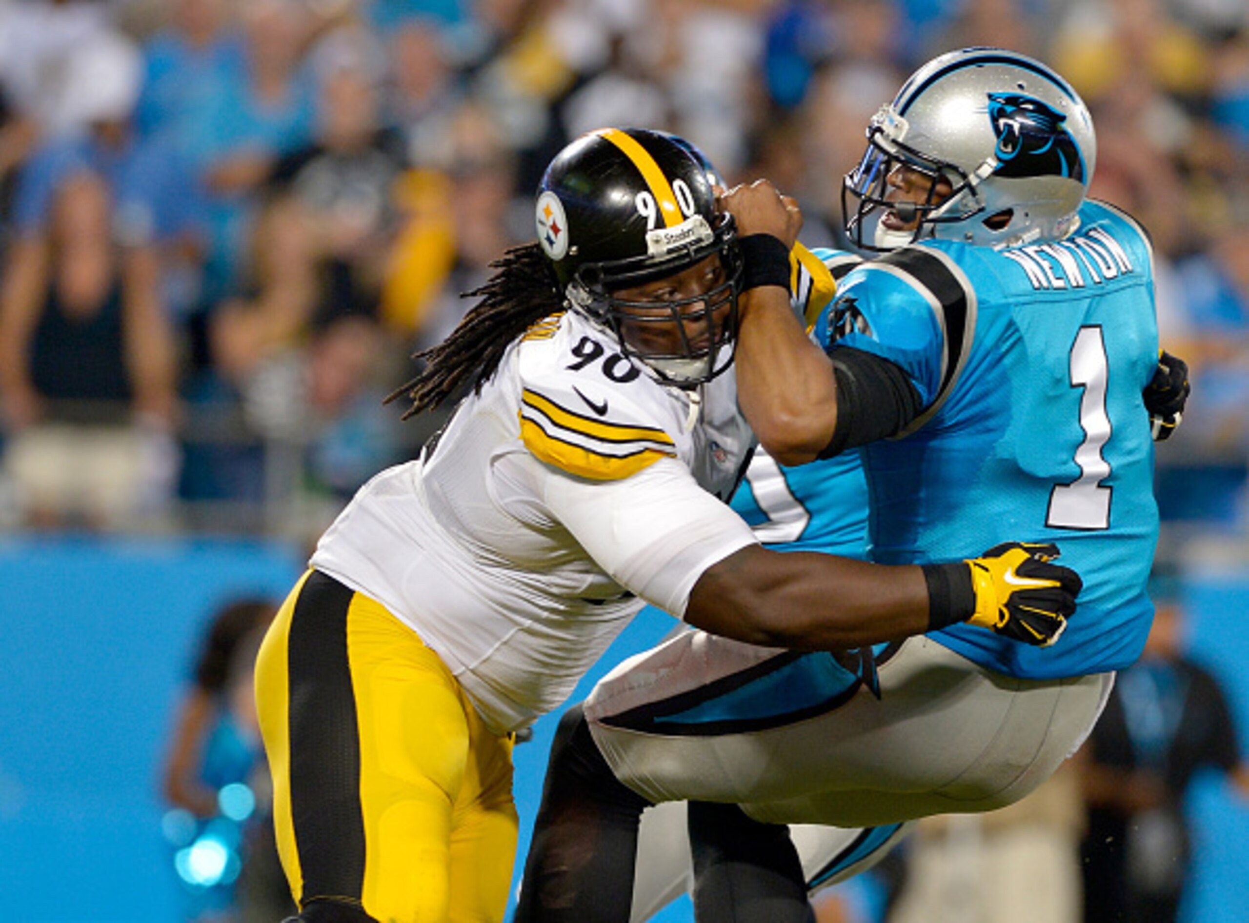 CHARLOTTE, NC - SEPTEMBER 21: Steve McLendon #90 of the Pittsburgh Steelers sacks Cam Newton #1 of the Carolina Panthers during their game at Bank of America Stadium on September 21, 2014 in Charlotte, North Carolina. (Photo by Grant Halverson/Getty Image CHARLOTTE, NC - SEPTEMBER 21: Steve McLendon #90 of the Pittsburgh Steelers sacks Cam Newton #1 of the Carolina Panthers during their game at Bank of America Stadium on September 21, 2014 in Charlotte, North Carolina. (Photo by Grant Halverson/Getty Image