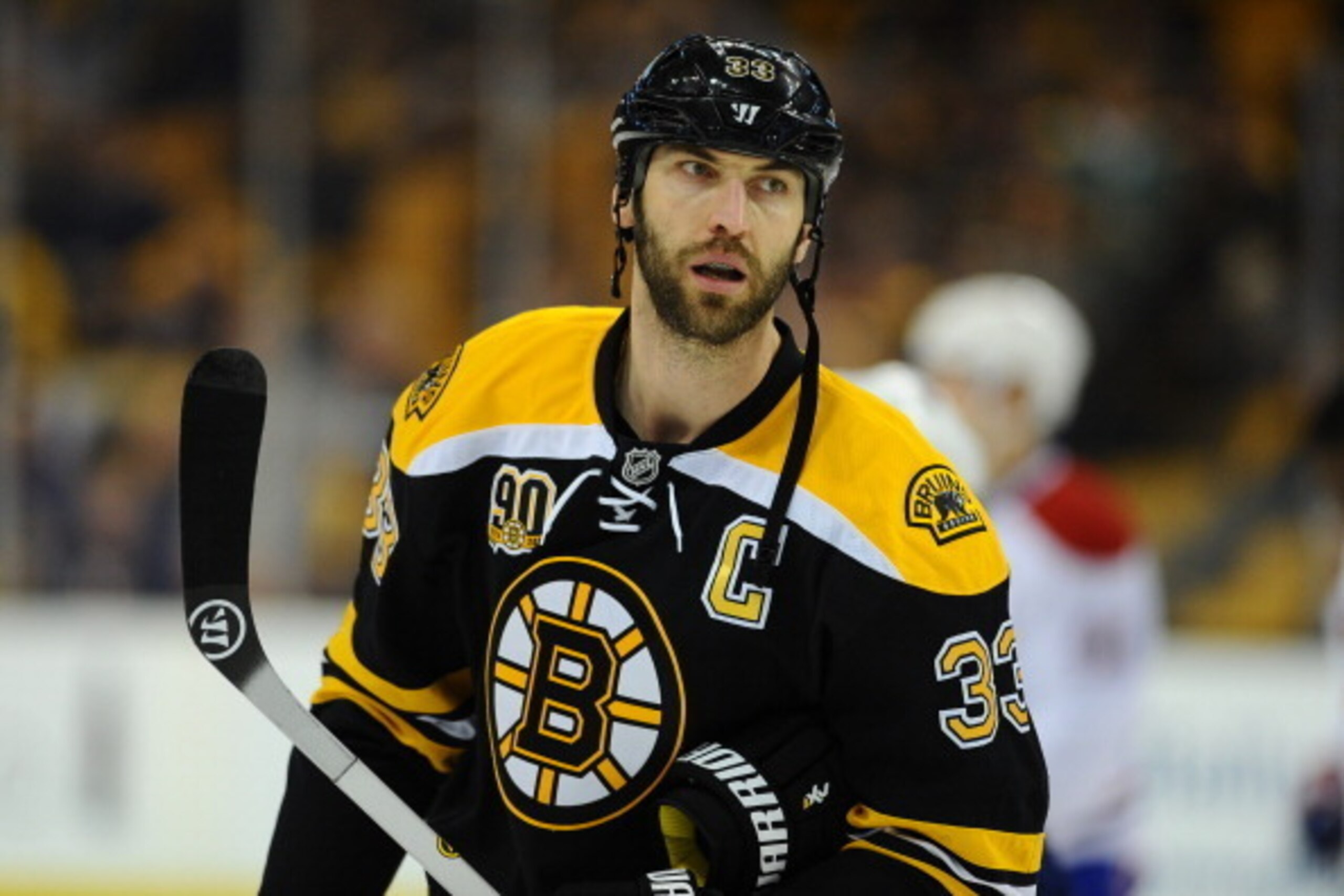 BOSTON, MA - MAY 10: Zdeno Chara #33 of the Boston Bruins during warm ups before the game against the Montreal Canadiens in Game Five of the Second Round of the 2014 Stanley Cup Playoffs at TD Garden on May 10, 2014 in Boston, Massachusetts. (Photo by Bri