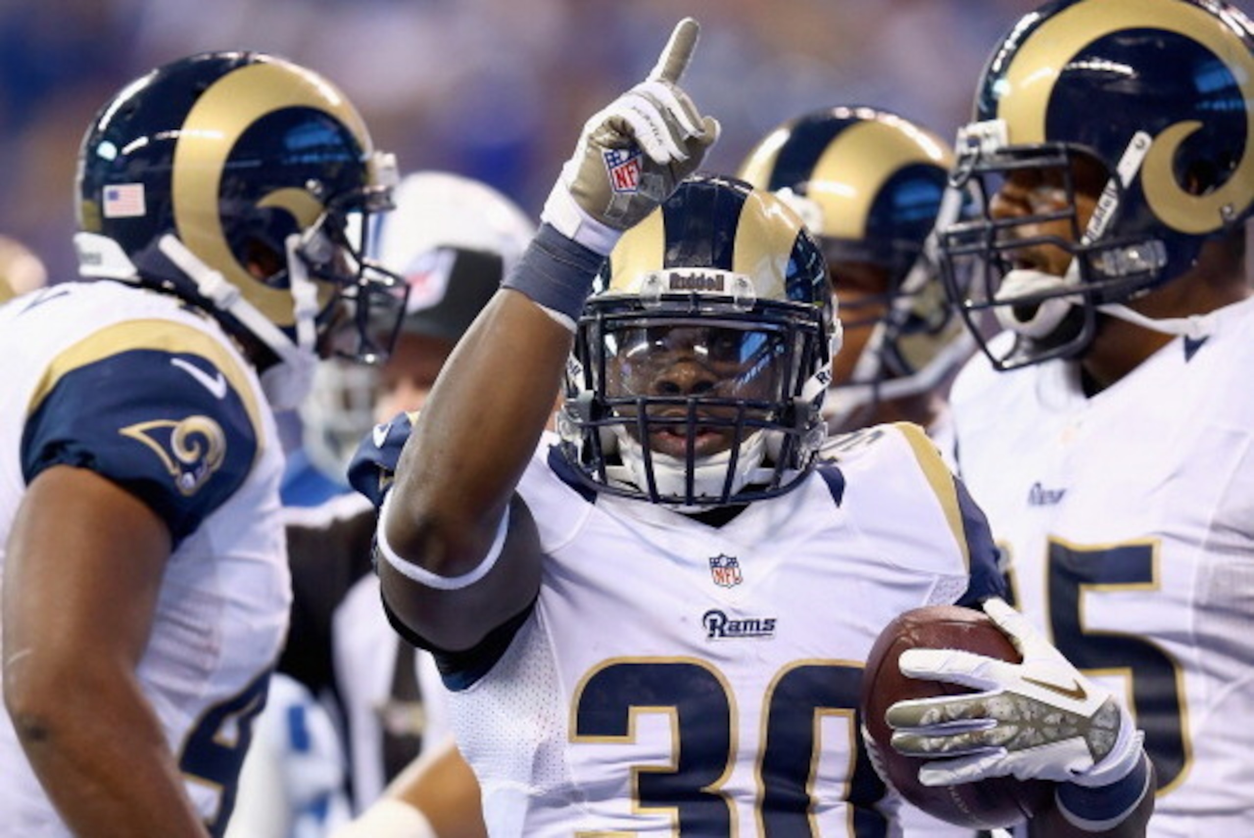 INDIANAPOLIS, IN - NOVEMBER 10:  Zac Stacy #30 of the St. Louis Rams celebrates after scoring a touchdown during the game against the  Indianapolis Colts at Lucas Oil Stadium on November 10, 2013 in Indianapolis, Indiana.  (Photo by Andy Lyons/Getty Image