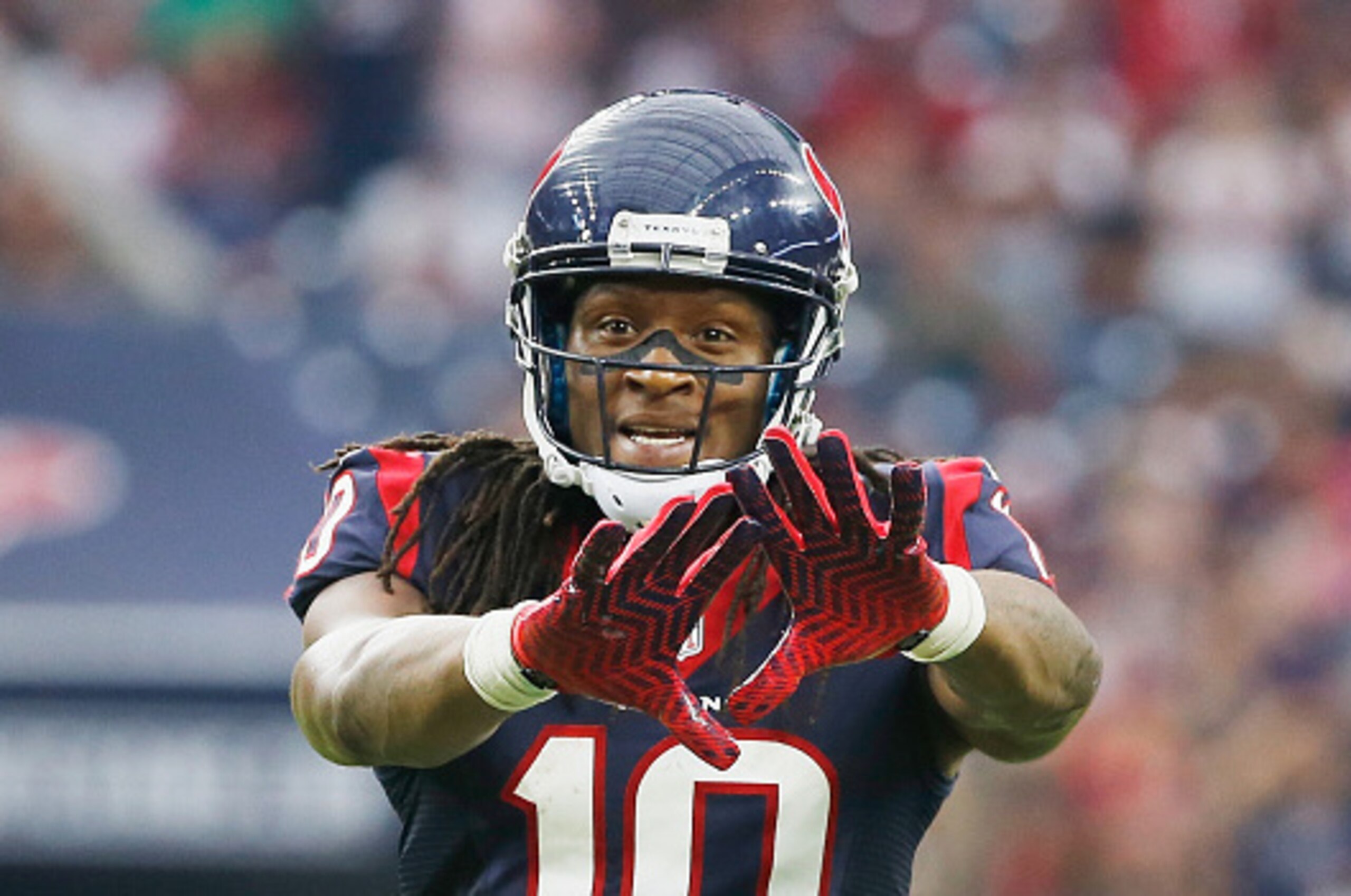 HOUSTON, TX - SEPTEMBER 28:   DeAndre Hopkins #10 of the Houston Texans reacts to a call during the second half of their game against the Buffalo Bills at NRG Stadium on September 28, 2014 in Houston, Texas.  (Photo by Scott Halleran/Getty Images)