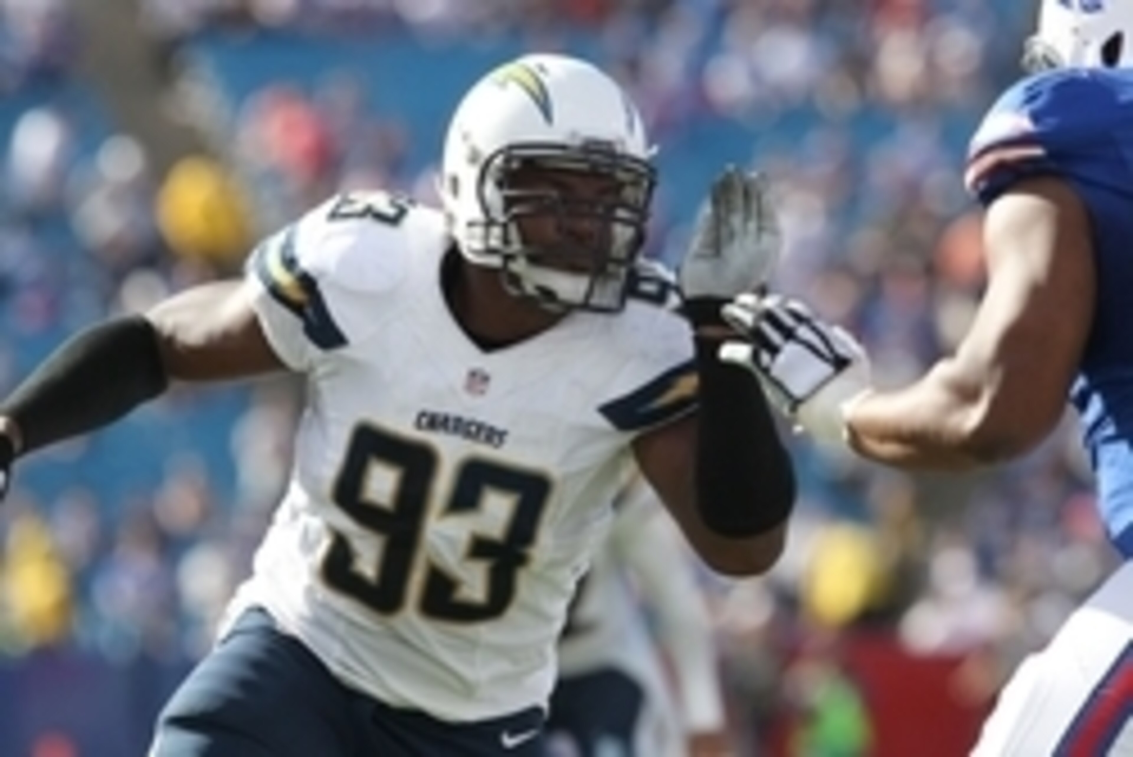 Sep 21, 2014; Orchard Park, NY, USA; San Diego Chargers outside linebacker Dwight Freeney (93) against the Buffalo Bills at Ralph Wilson Stadium. San Diego beats Buffalo 22 to 10.  Mandatory Credit: Timothy T. Ludwig-USA TODAY Sports