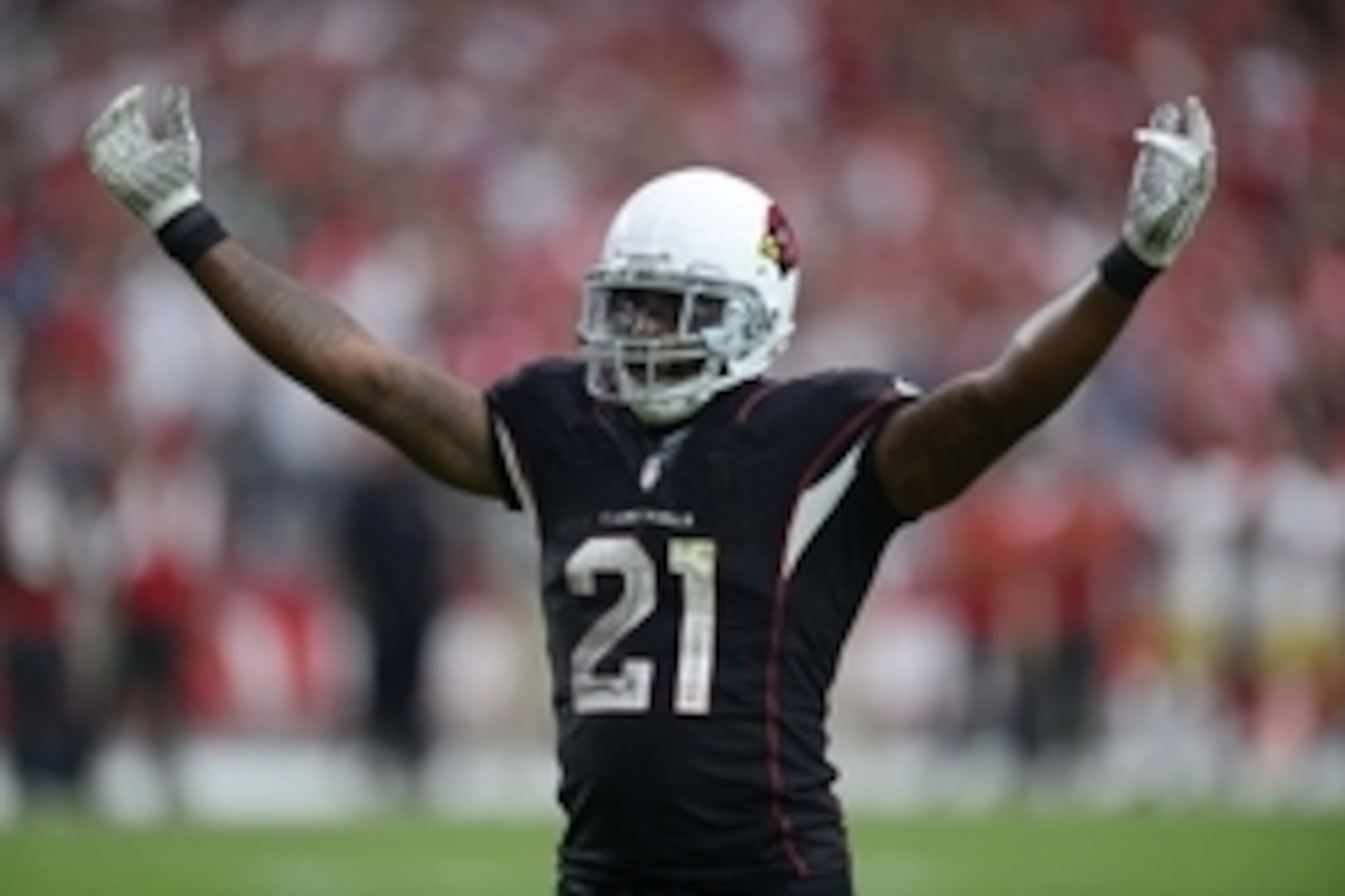Sep 21, 2014; Glendale, AZ, USA; Arizona Cardinals cornerback Patrick Peterson (21) reacts after a play against the San Francisco 49ers at University of Phoenix Stadium. Mandatory Credit: Joe Camporeale-USA TODAY Sports