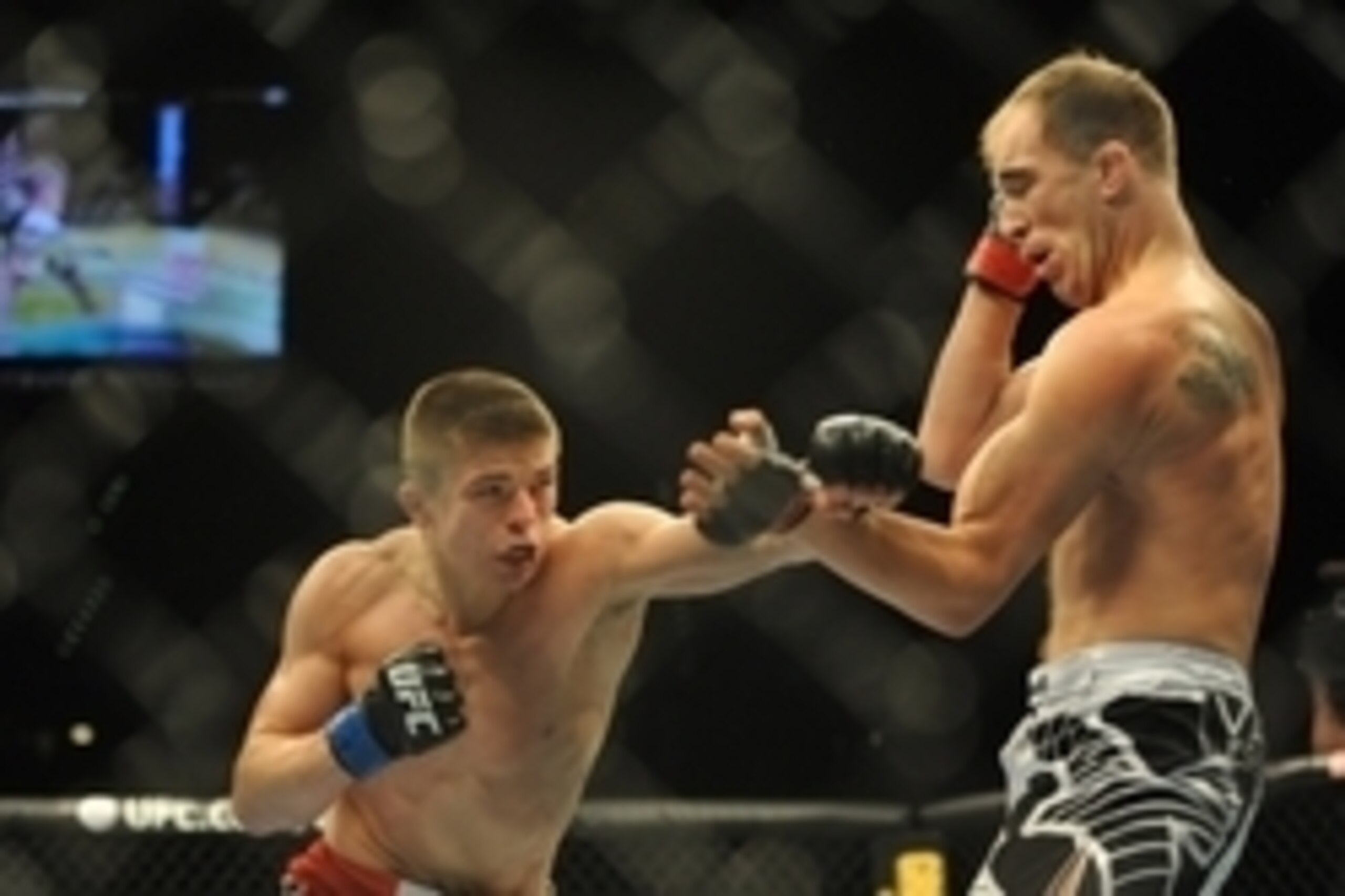 Nov 16, 2013; Las Vegas, NV, USA; Brian Ebersole (red gloves) fights against Rick Story (blue gloves) in their welterweight bout during UFC 167 at MGM Grand Garden Arena. Mandatory Credit: Stephen R. Sylvanie-USA TODAY Sports