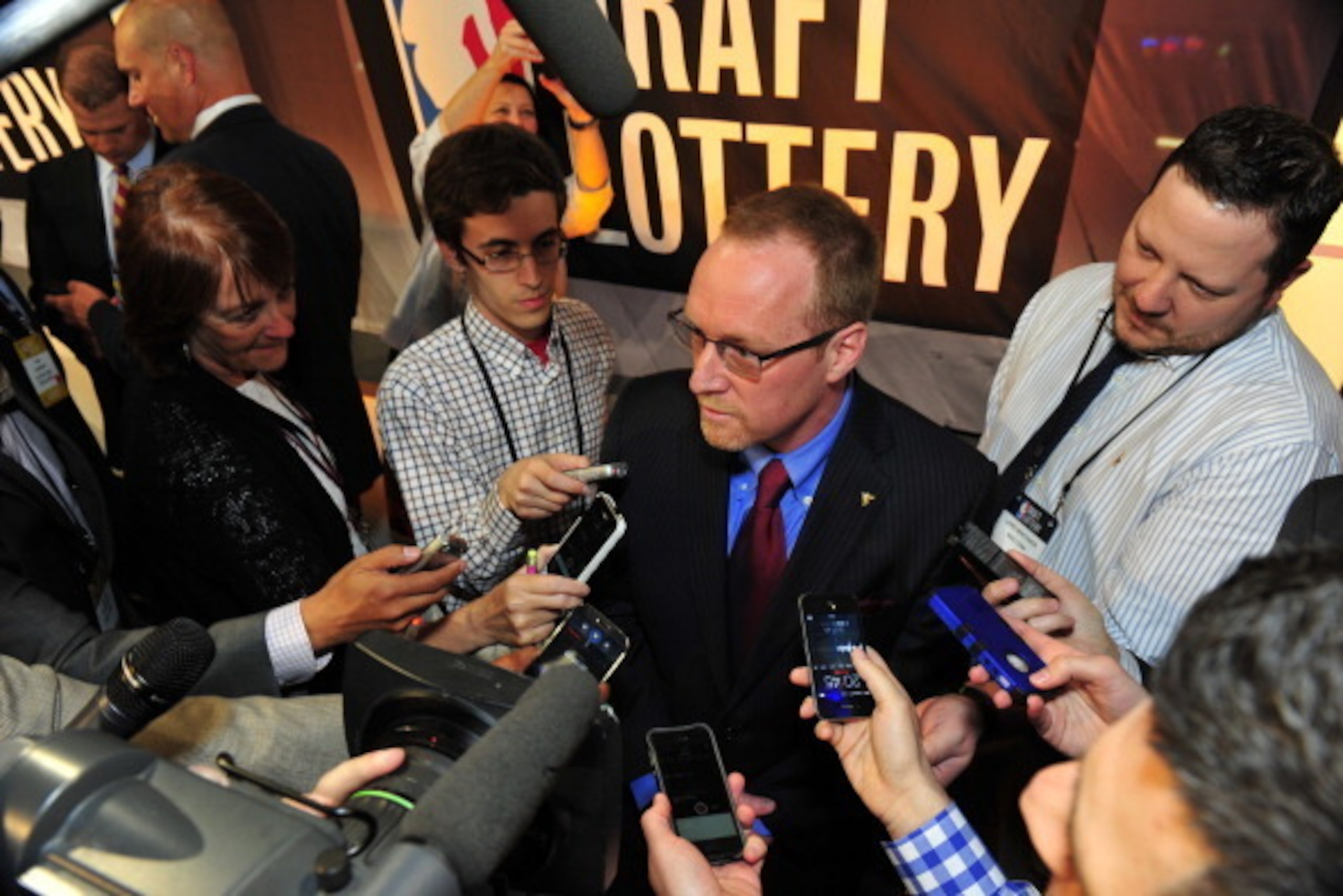 NEW YORK - MAY 20: General Manager David Griffin of the Cleveland Cavaliers speaks to the media after the 2014 NBA Draft Lottery on May 20, 2014 at the ABC News' 'Good Morning America' Times Square Studio in New York City.  NOTE TO USER: User expressly ac