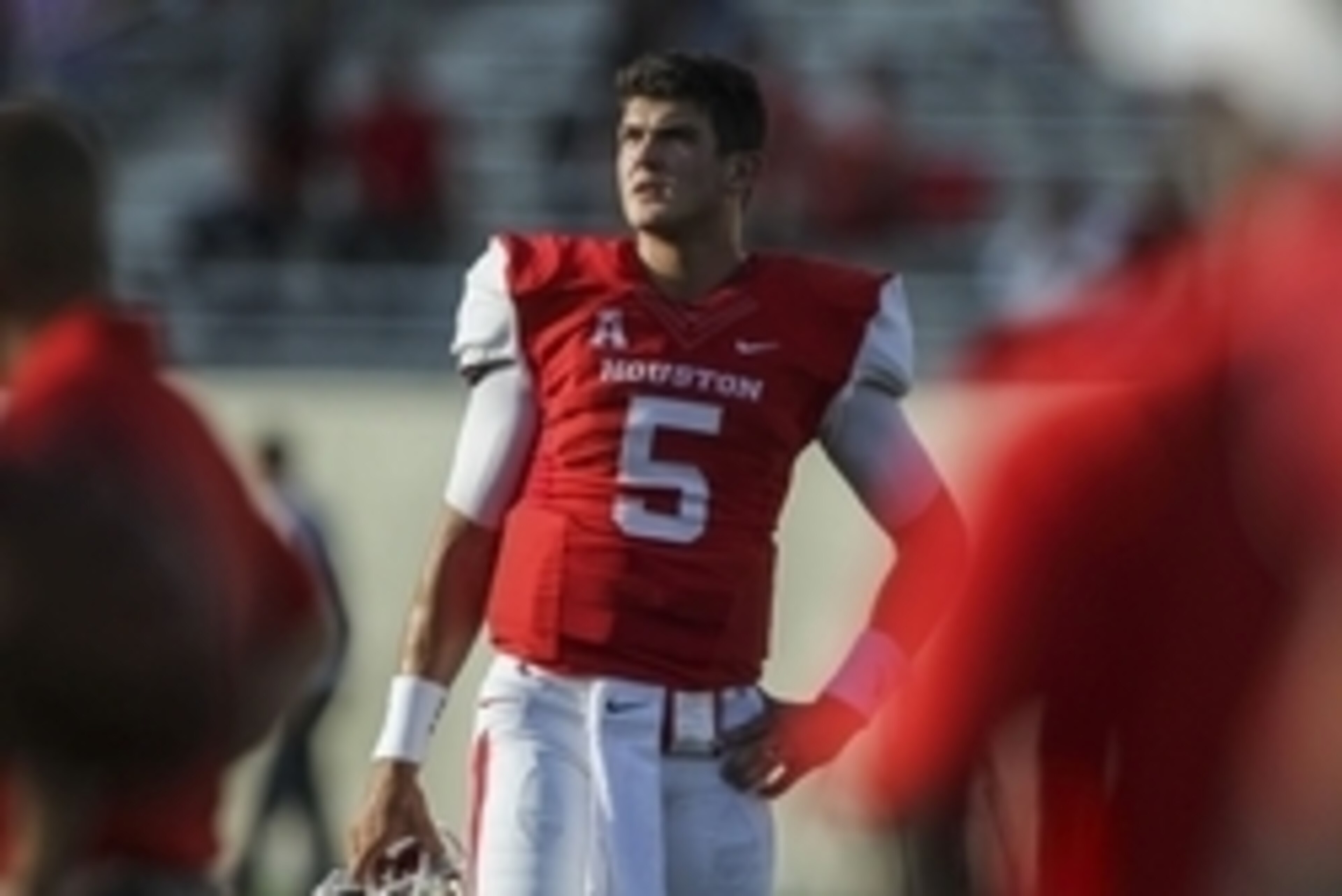 Oct 2, 2014; Houston, TX, USA; Houston Cougars quarterback John O'Korn (5) on the field before a game against the Central Florida Knights at TDECU Stadium. Mandatory Credit: Troy Taormina-USA TODAY Sports