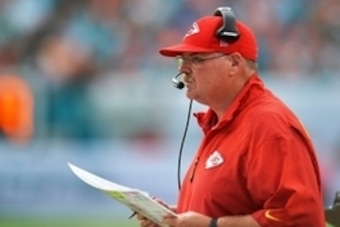Sep 21, 2014; Miami Gardens, FL, USA; Kansas City Chiefs head coach Andy Reid looks on during the second half against the Miami Dolphins at Sun Life Stadium. Chiefs won 34-15. Mandatory Credit: Steve Mitchell-USA TODAY Sports