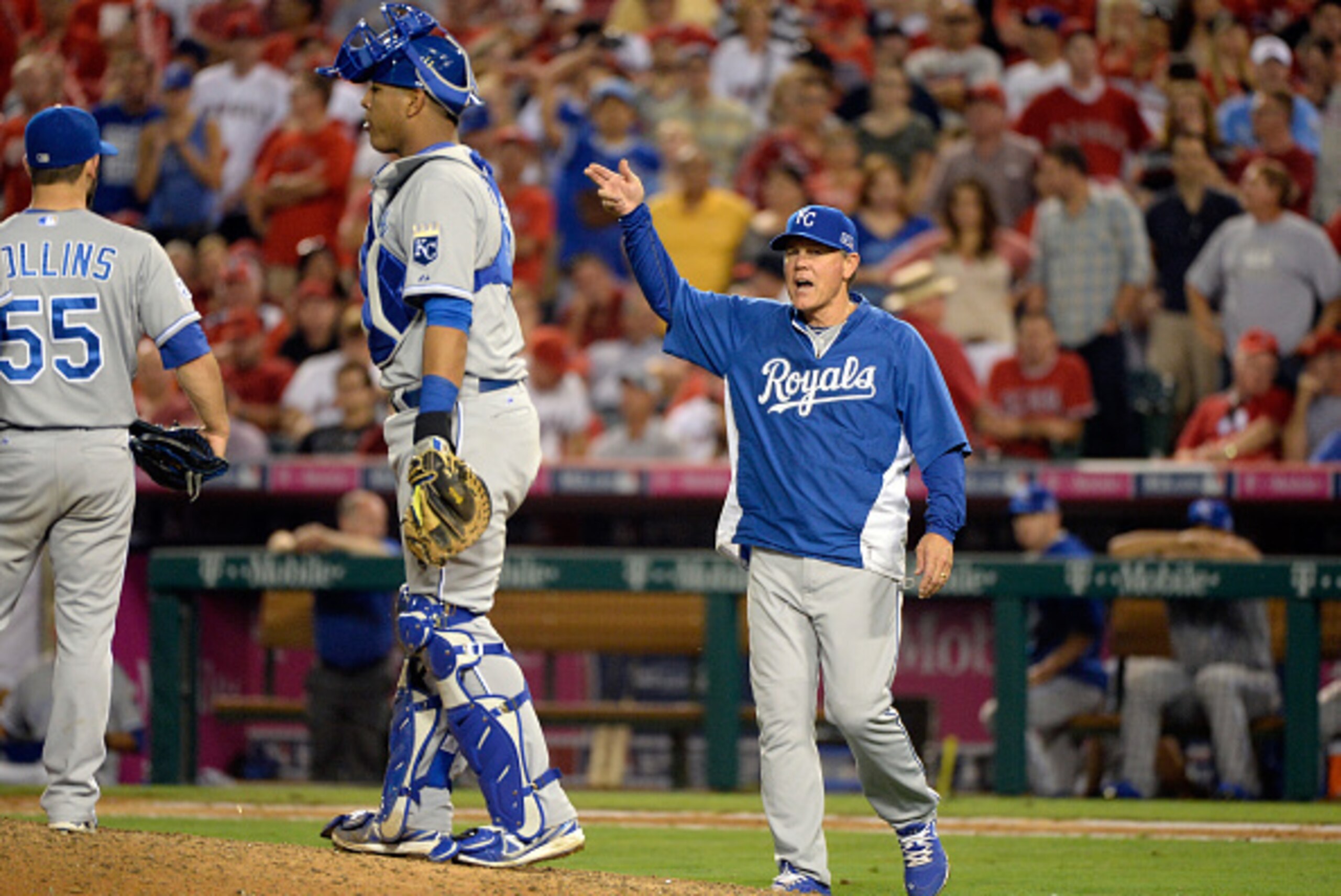 ANAHEIM, CA - OCTOBER 02: Ned Yost #3 of the Kansas City Royals calls for a pitching change in the ninth inning against the Los Angeles Angels during Game One of the American League Division Series at Angel Stadium of Anaheim on October 2, 2014 in Anaheim