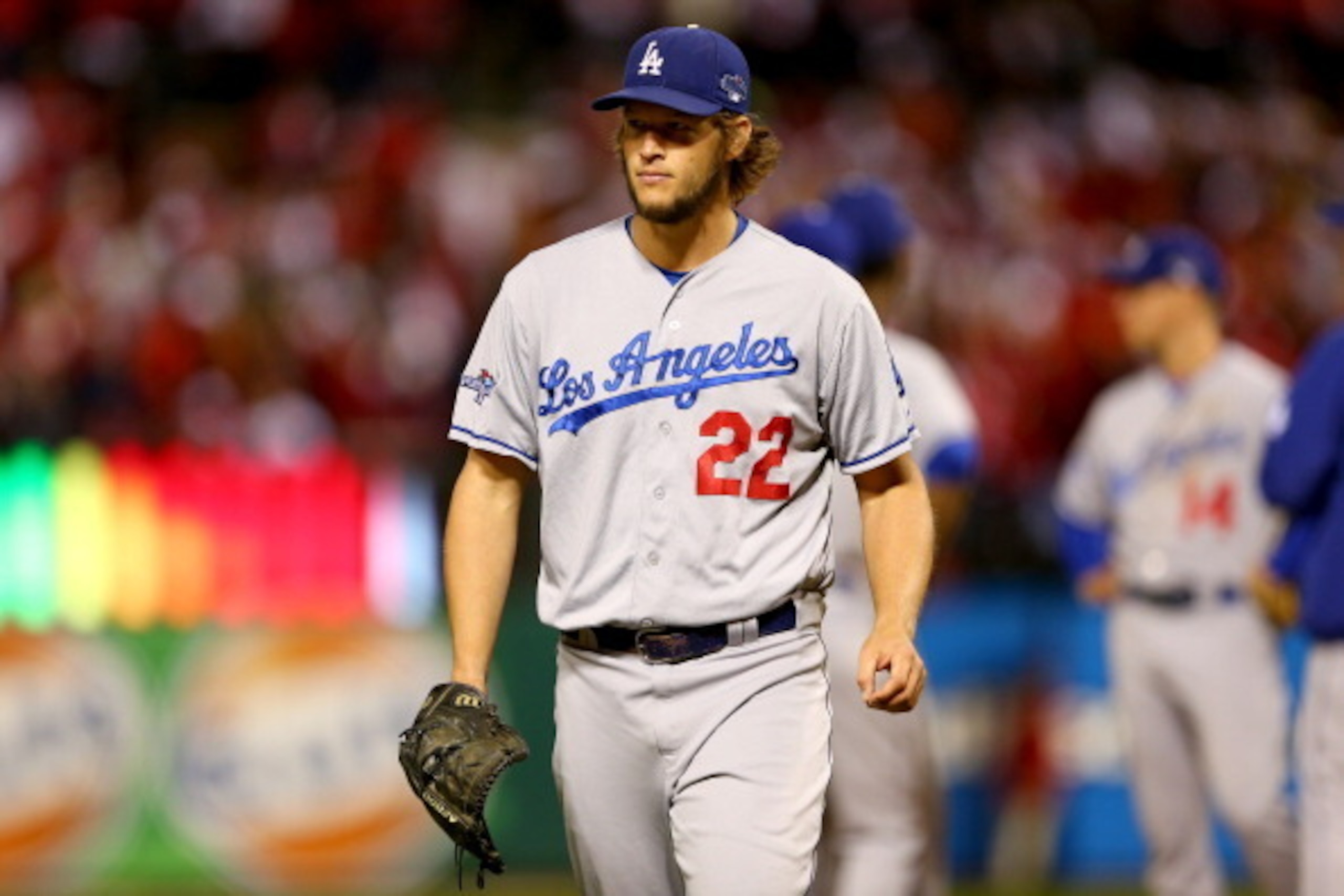ST LOUIS, MO - OCTOBER 18:  Pitcher Clayton Kershaw #22 of the Los Angeles Dodgers is pulled in the fifth inning against the St. Louis Cardinals in Game Six of the National League Championship Series at Busch Stadium on October 18, 2013 in St Louis, Misso