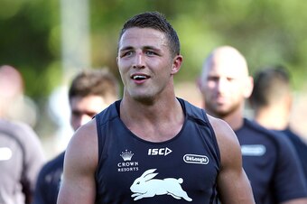 SYDNEY, AUSTRALIA - SEPTEMBER 29:  Sam Burgess looks up at the fans during a South Sydney Rabbitohs NRL training session at Redfern Oval on September 29, 2014 in Sydney, Australia.  (Photo by Renee McKay/Getty Images)