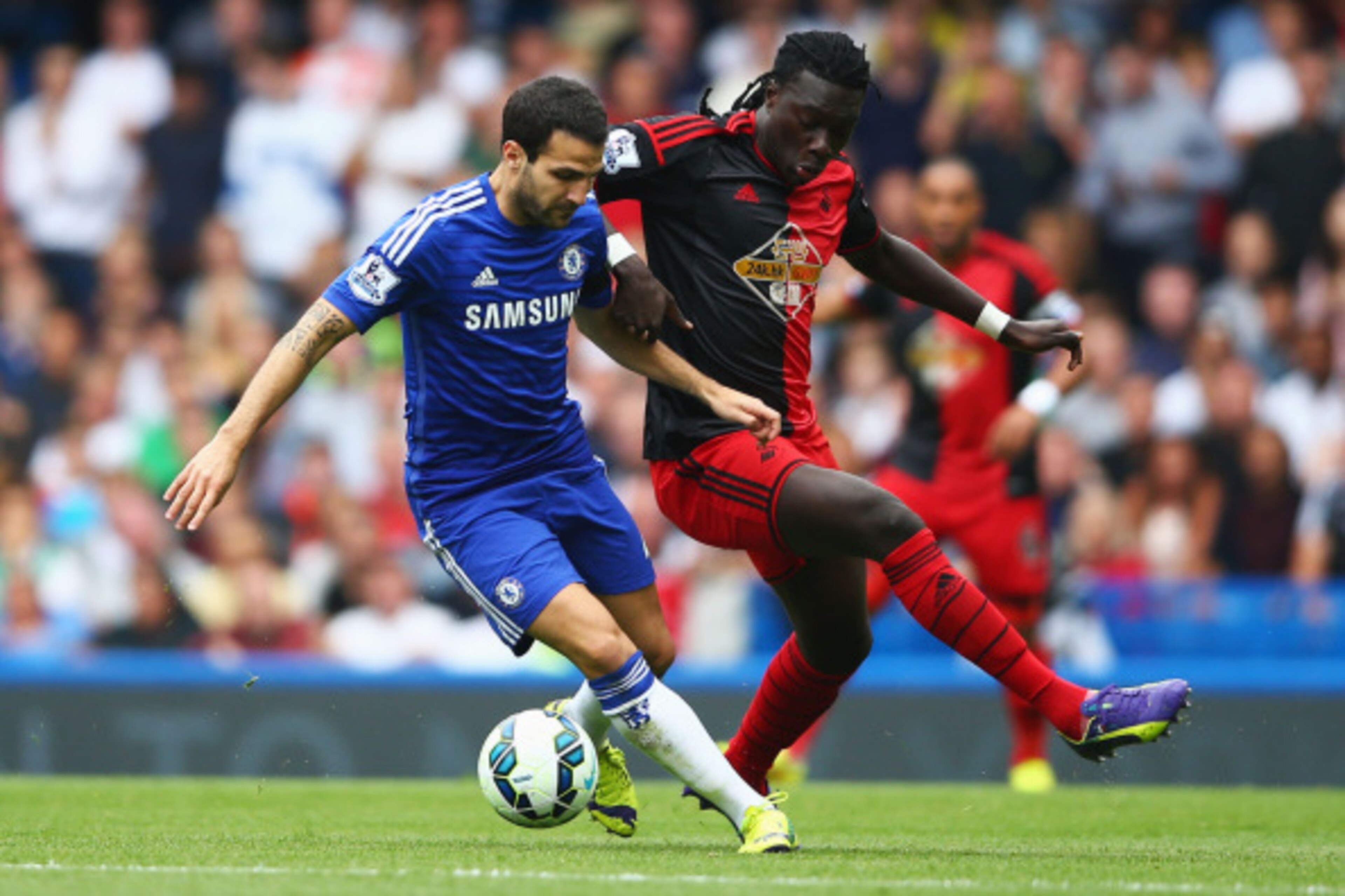 LONDON, ENGLAND - SEPTEMBER 13:  Cesc Fabregas of Chelsea holds off Bafetibis Gomis of Swansea City during the Barclays Premier League match between Chelsea and Swansea City at Stamford Bridge on September 13, 2014 in London, England.  (Photo by Paul Gilh
