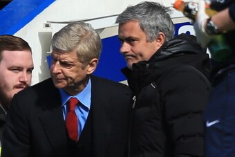 LONDON, ENGLAND - MARCH 22:  Arsene Wenger manager of Arsenal is greeted by Jose Mourinho manager of Chelsea during the Barclays Premier League match between Chelsea and Arsenal at Stamford Bridge on March 22, 2014 in London, England.  (Photo by Richard H