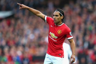 MANCHESTER, ENGLAND - SEPTEMBER 14:  Radamel Falcao of Manchester United gestures during the Barclays Premier League match between Manchester United and Queens Park Rangers at Old Trafford on September 14, 2014 in Manchester, England.  (Photo by Alex Live
