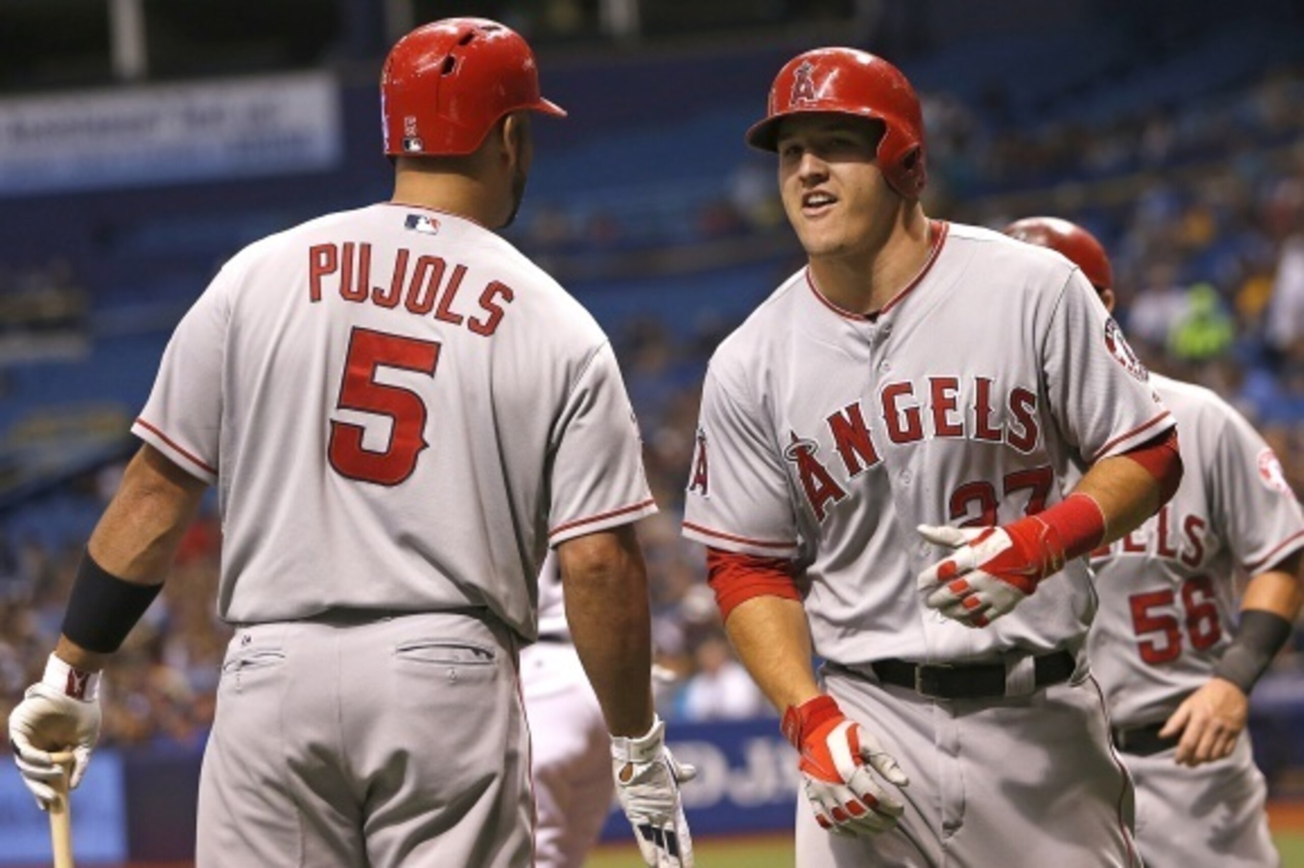 ST. PETERSBURG, FL - August 1: Mike Trout #27 of the Los Angeles Angels celebrates with teammate Albert Pujols #5 after hitting a two-run home run off of pitcher Jeremy Hellickson #58 of the Tampa Bay Rays during the first inning of a game on August 1, 2 ST. PETERSBURG, FL - August 1: Mike Trout #27 of the Los Angeles Angels celebrates with teammate Albert Pujols #5 after hitting a two-run home run off of pitcher Jeremy Hellickson #58 of the Tampa Bay Rays during the first inning of a game on August 1, 2