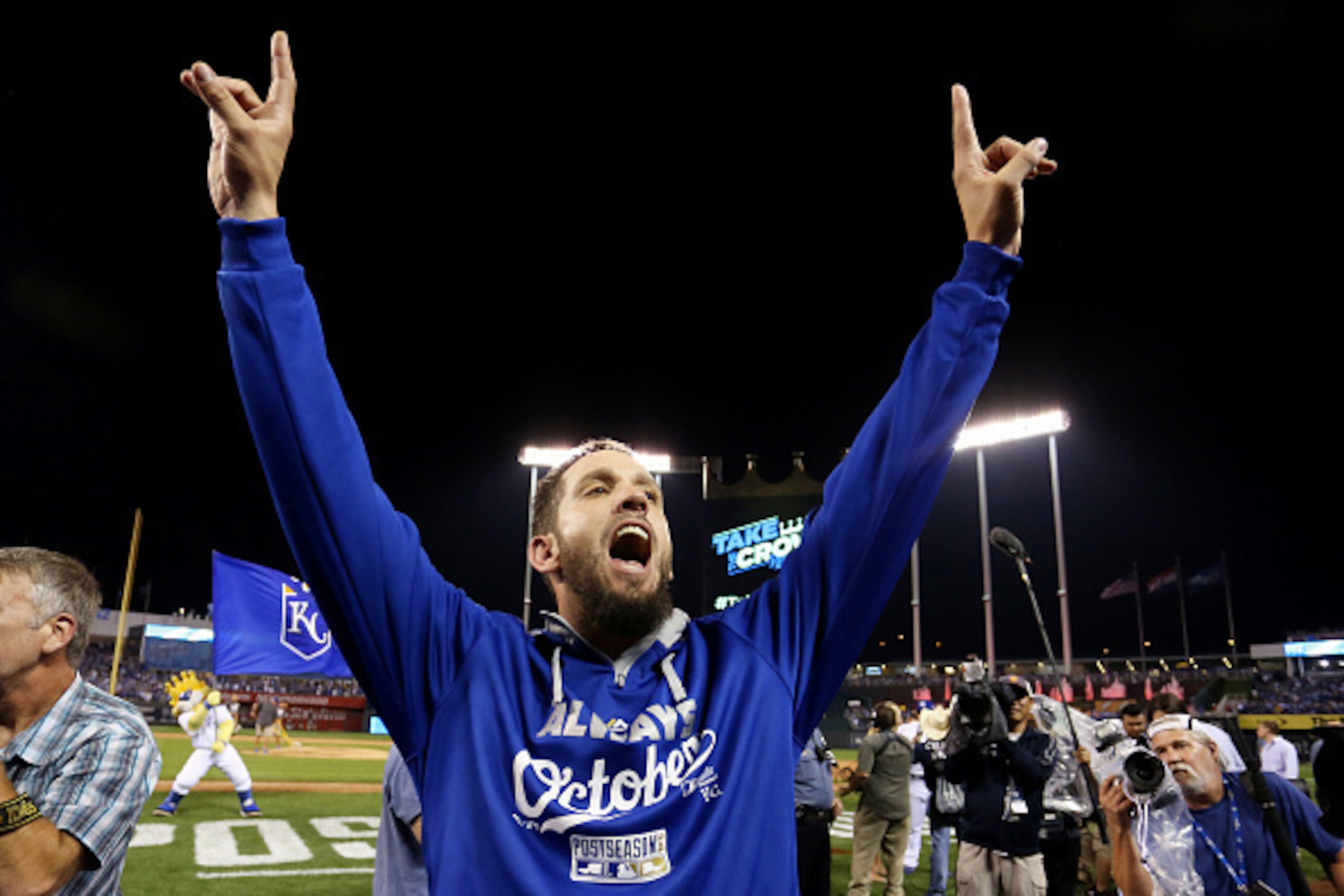 KANSAS CITY, MO - SEPTEMBER 30:  James Shields #33 of the Kansas City Royals celebrates after they defeated the Oakland Athletics 9 to 8 in the 12th inning of their American League Wild Card game at Kauffman Stadium on September 30, 2014 in Kansas City, M