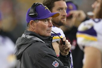 GREEN BAY, WI - OCTOBER 02: Head coach of the Minnesota Vikings, Mike Zimmer, watches from the sidelines during the NFL game against the Green Bay Packers at Lambeau Field on October 2, 2014 in Green Bay, Wisconsin. (Photo by Jonathan Daniel/Getty Images)