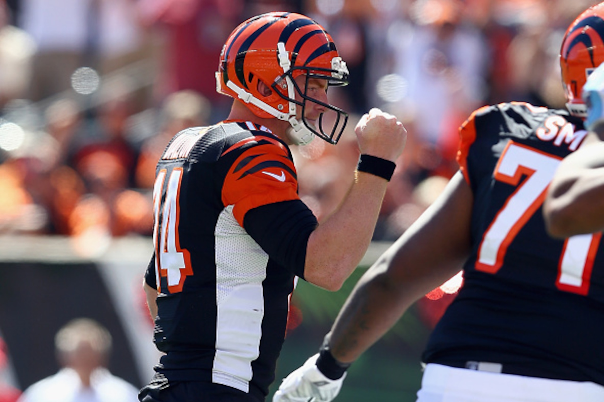CINCINNATI, OH - SEPTEMBER 21:  Andy Dalton #14 of the Cincinnati Bengals celebrates a touchdown during the game against the  Tennessee Titans at Paul Brown Stadium on September 21, 2014 in Cincinnati, Ohio.  (Photo by Andy Lyons/Getty Images)