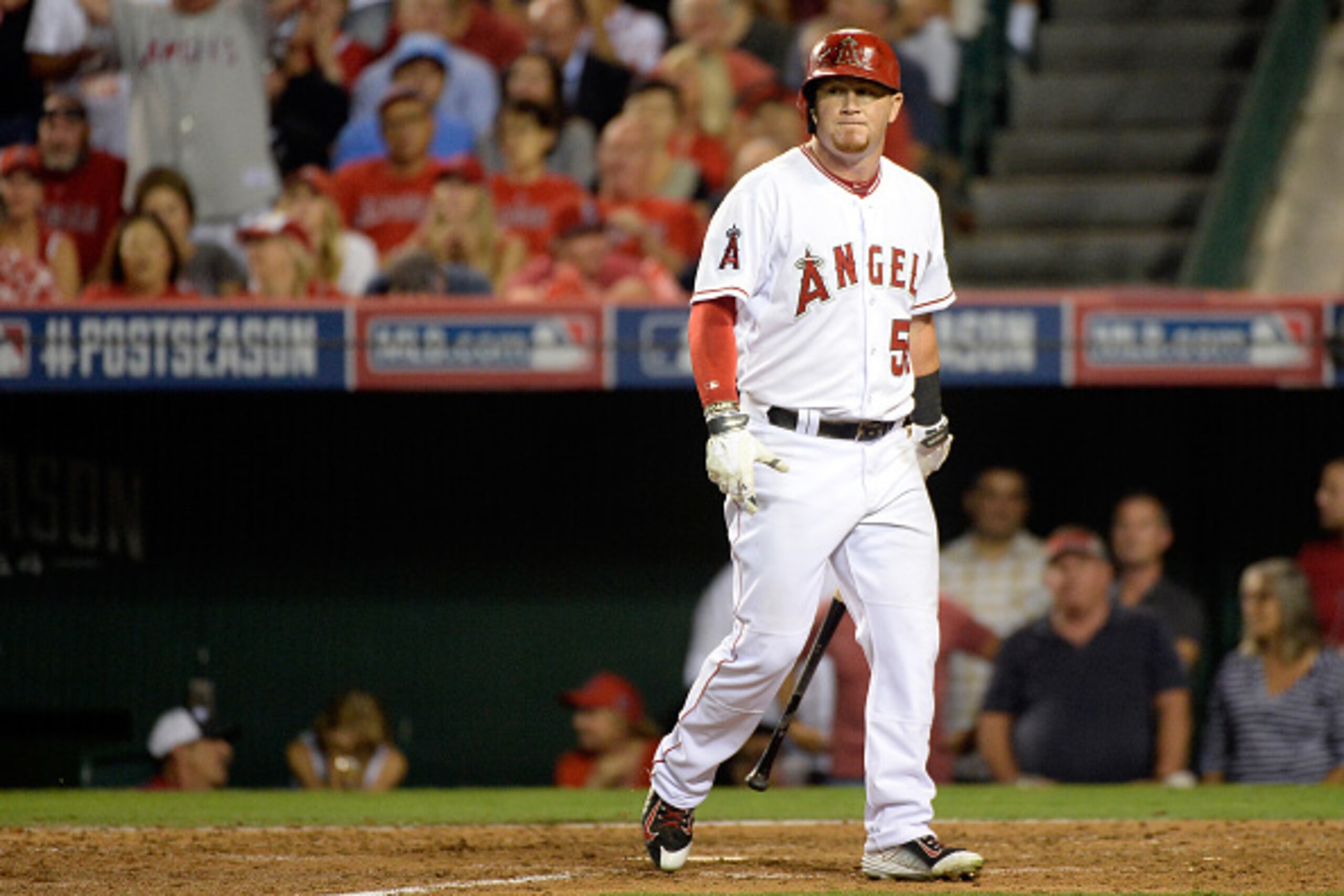 ANAHEIM, CA - OCTOBER 02: Kole Calhoun #56 of the Los Angeles Angels reacts after an out in the eighth inning against the Kansas City Royals during Game One of the American League Division Series at Angel Stadium of Anaheim on October 2, 2014 in Anaheim, 