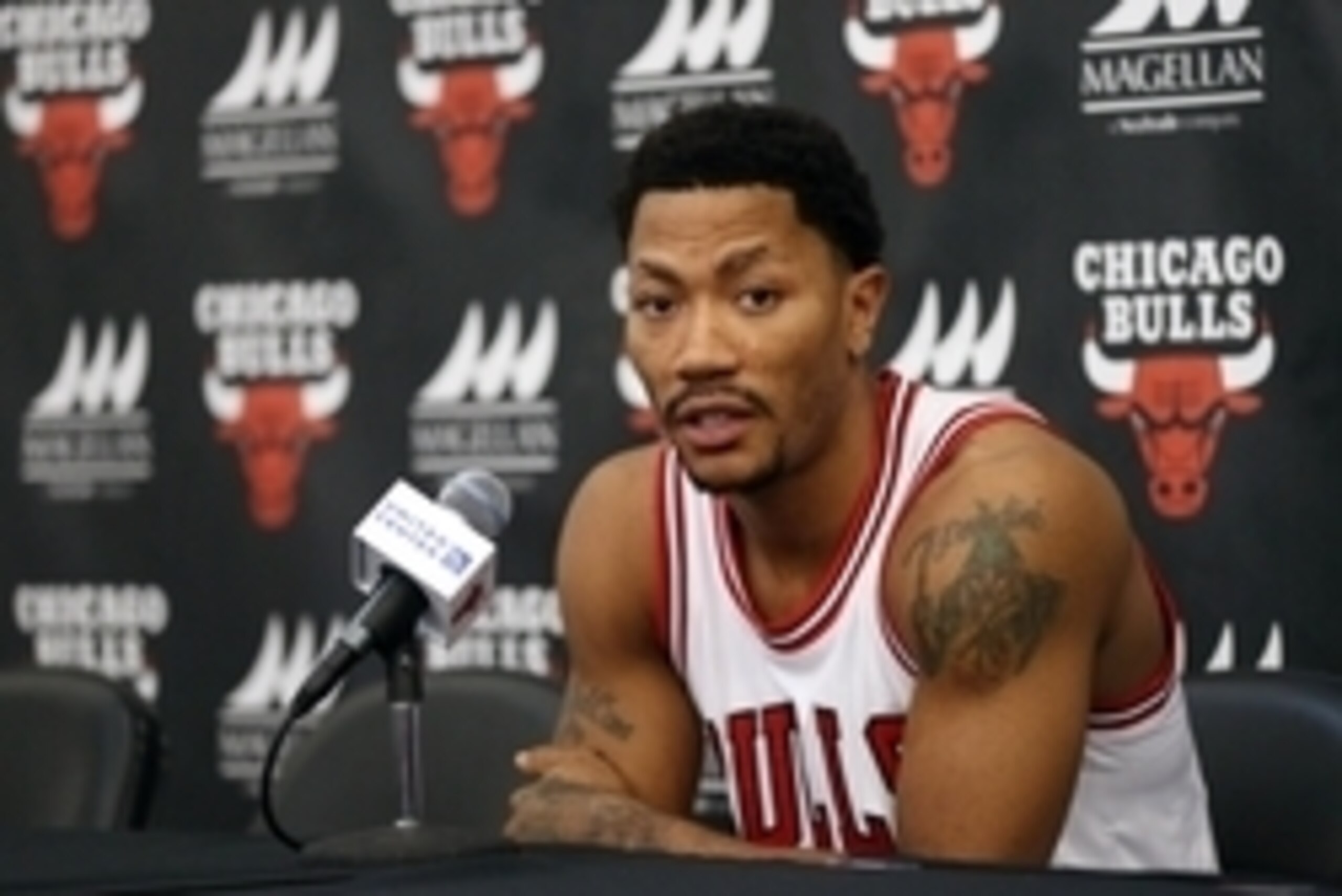 Sep 29, 2014; Chicago, IL, USA; Chicago Bulls guard Derrick Rose is interviewed during media day at the Advocate Center. Mandatory Credit: Jerry Lai-USA TODAY Sports